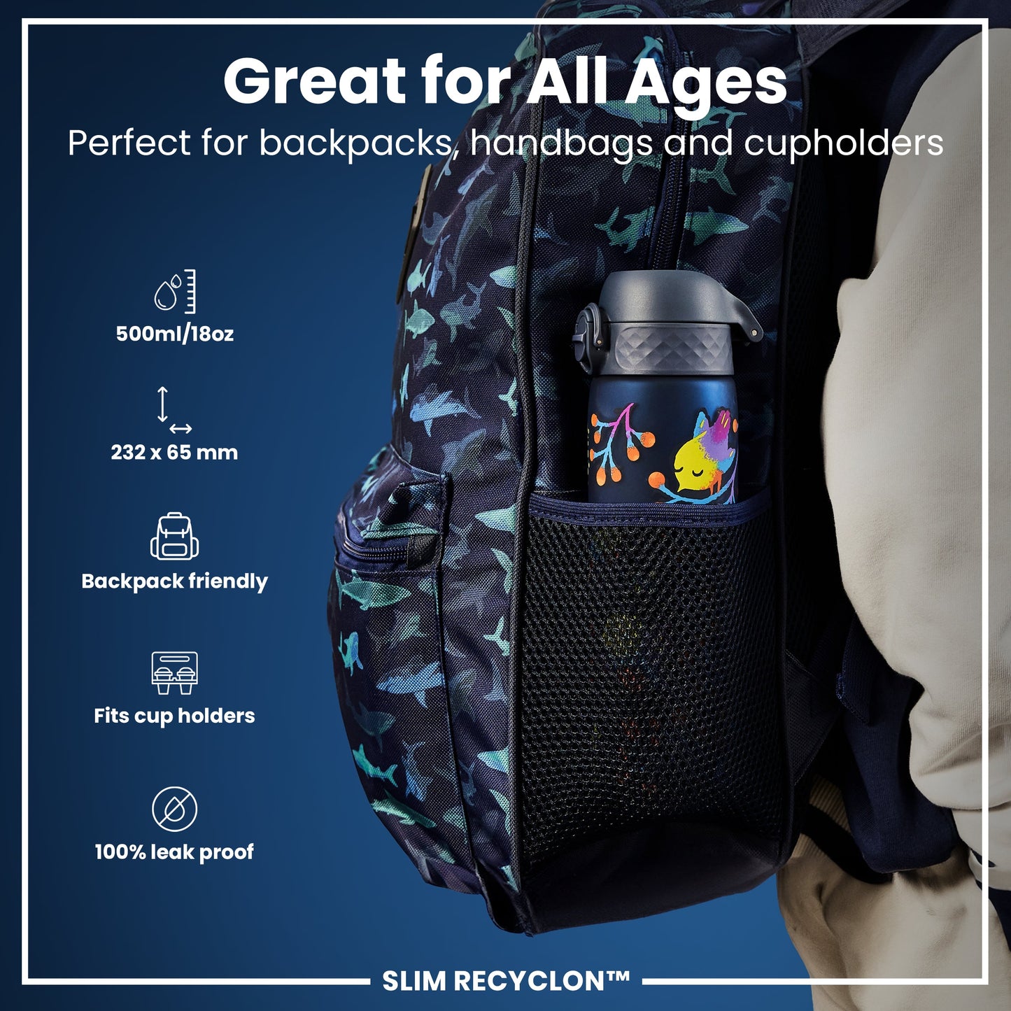 Leak Proof Slim Water Bottle, Recyclon, Birds, 500ml (18oz)