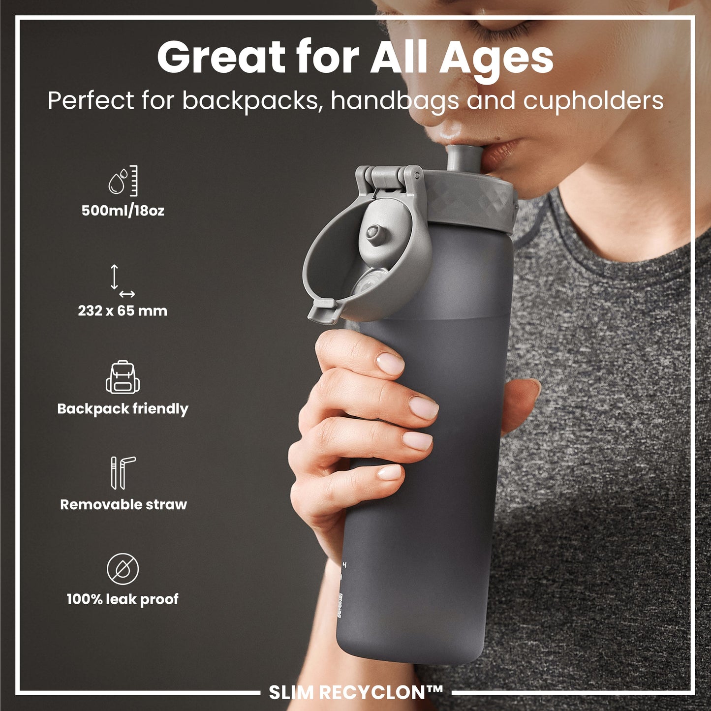 Leak Proof Medium Water Bottle with Straw, Recyclon, Grey, 500ml (18oz)