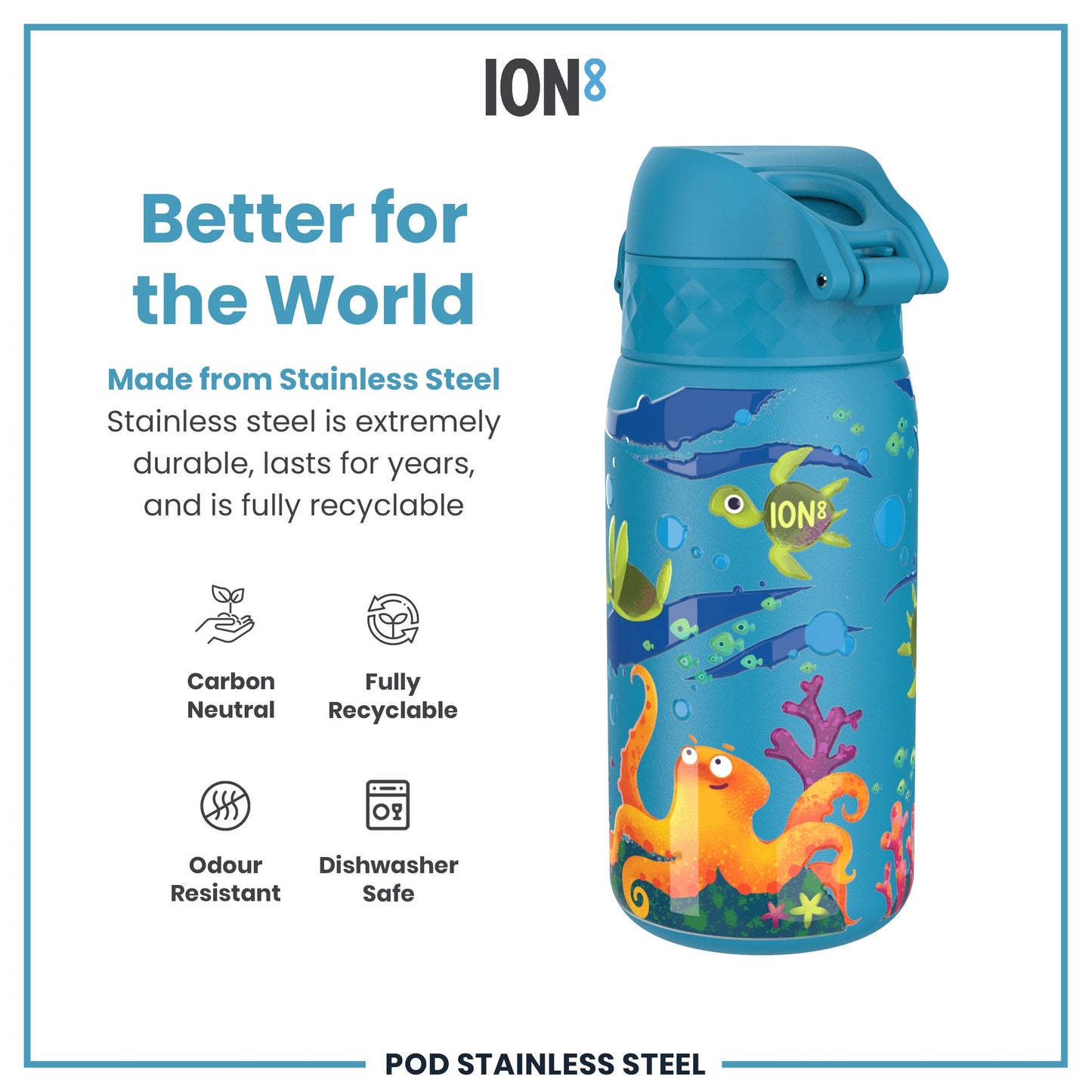 Leak Proof Kids Water Bottle, Stainless Steel, Sea Turtle, 400ml (13oz)