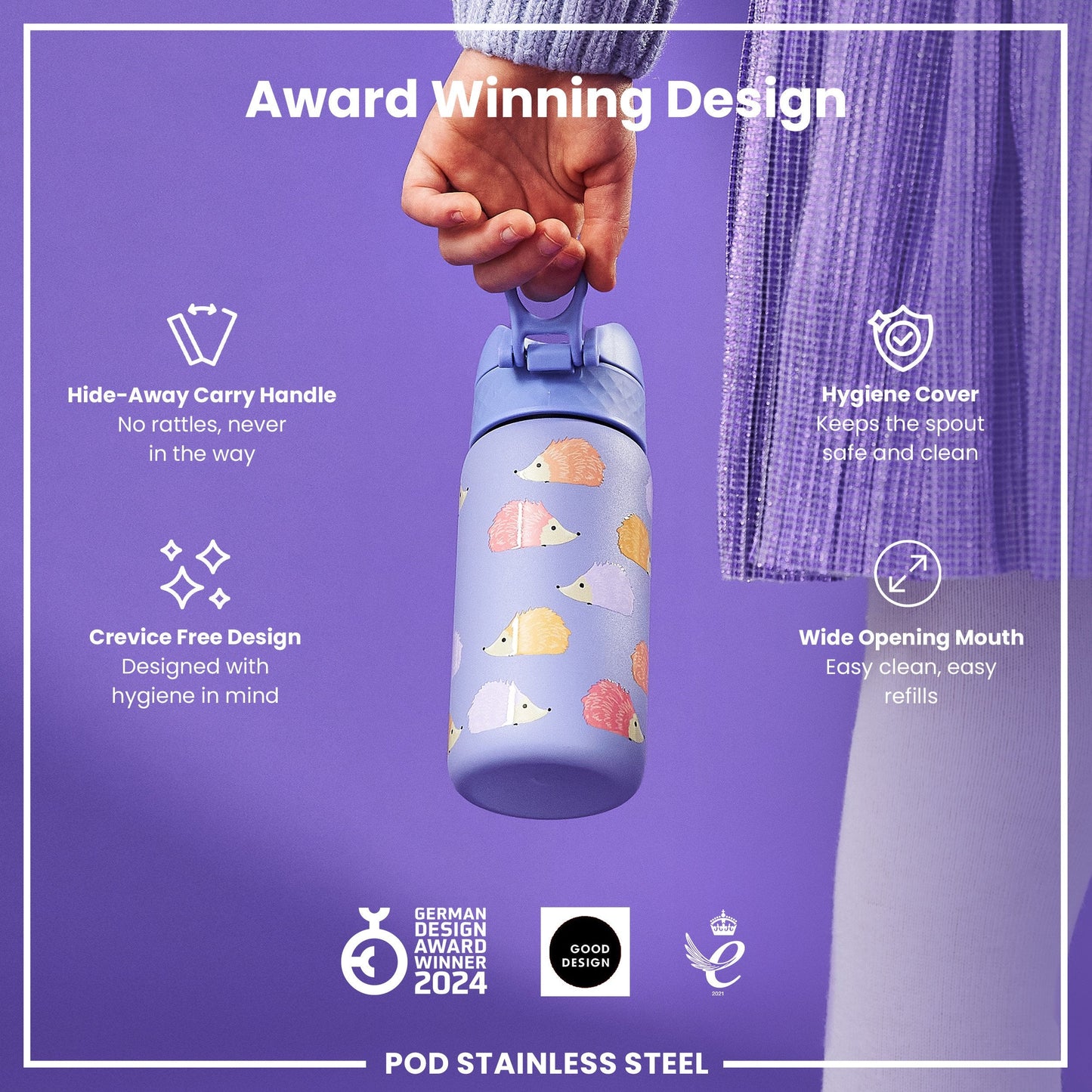 Leak Proof Thermal Steel Water Bottle, Insulated Steel, Hedgehogs, 320ml (11oz)