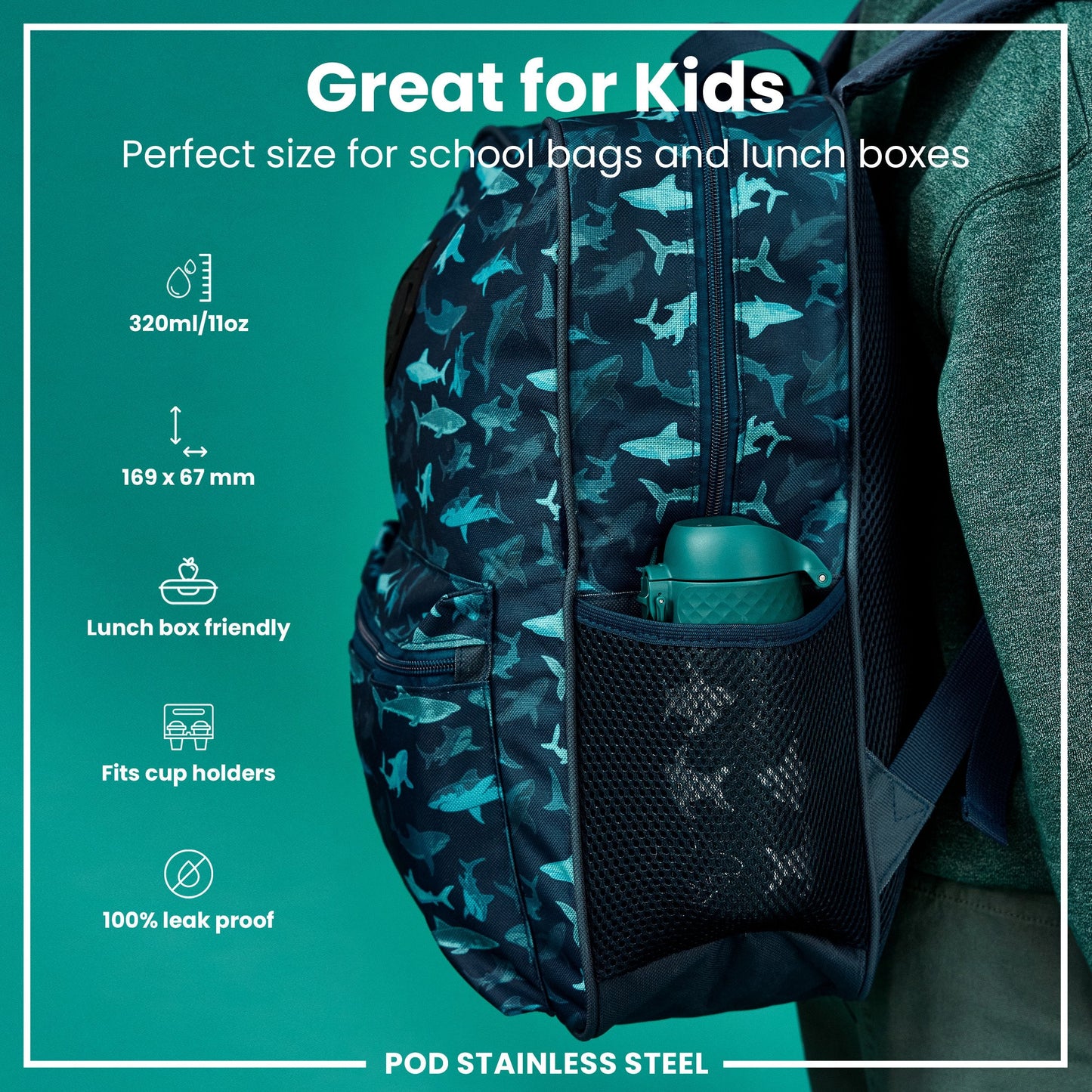 Leak Proof Thermal Steel Water Bottle, Insulated, Sharks, 320ml (11oz)