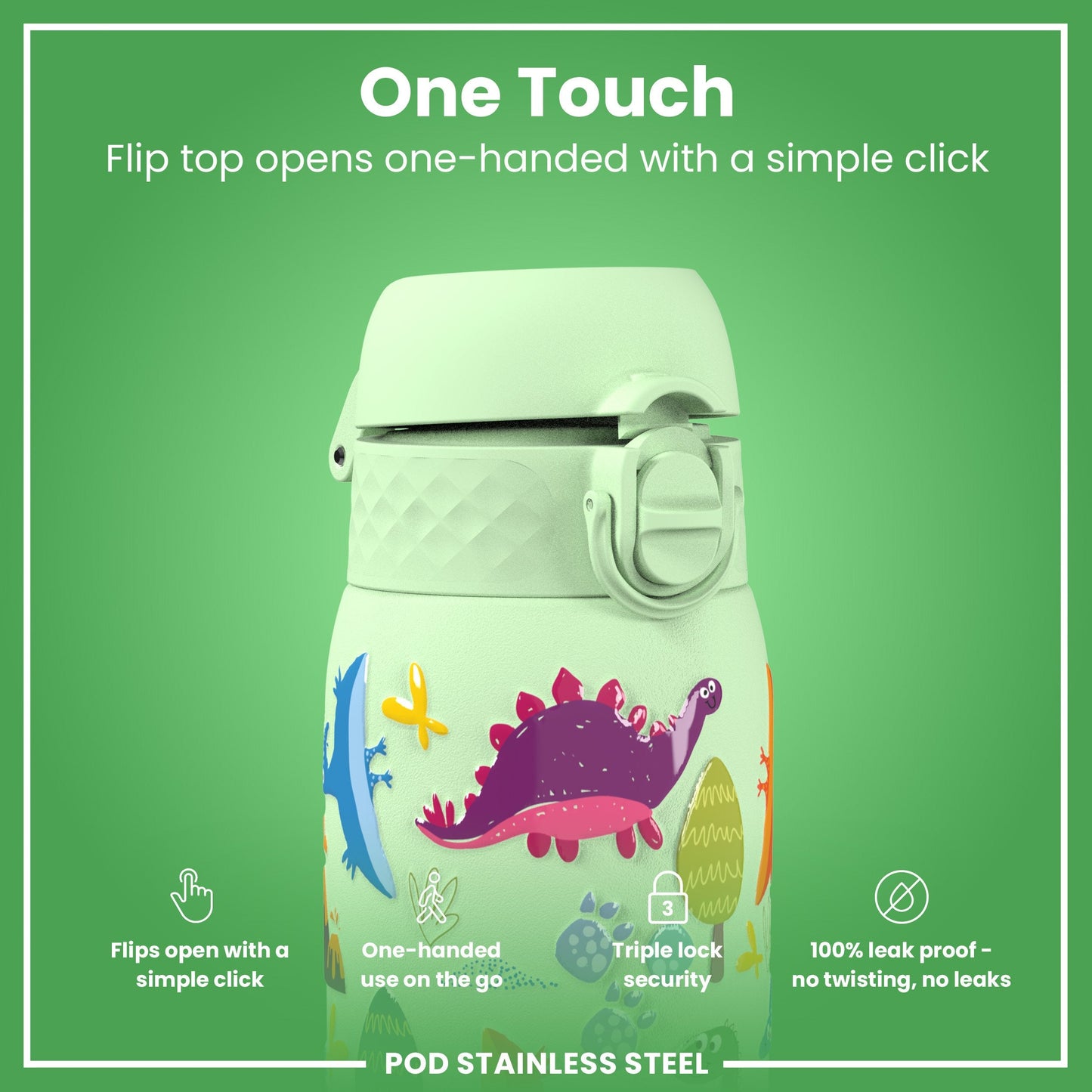 Leak Proof Thermal Steel Water Bottle, Insulated, Dinosaurs, 320ml (11oz)