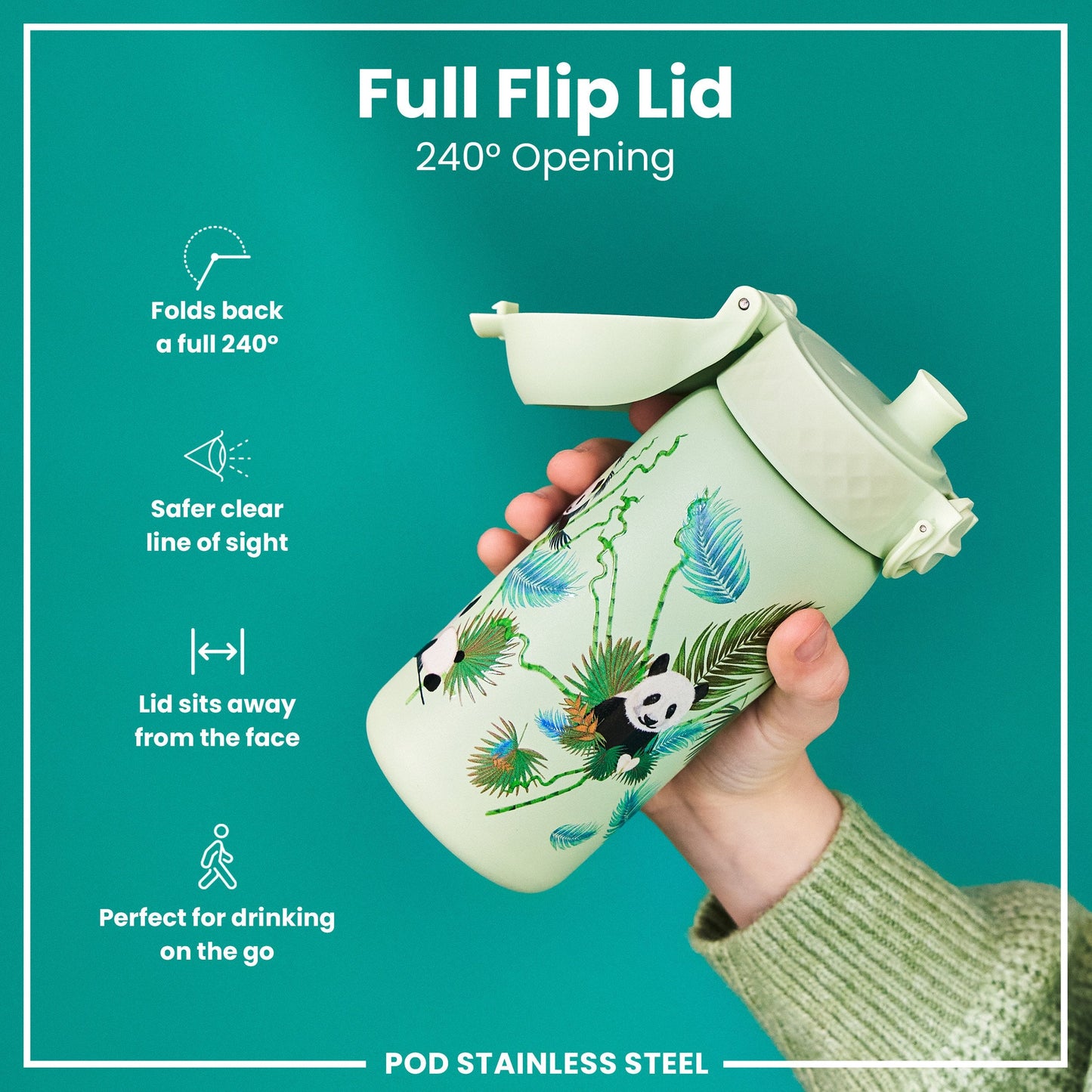 Leak Proof Kids Water Bottle, Stainless Steel, Pandas, 400ml (13oz)