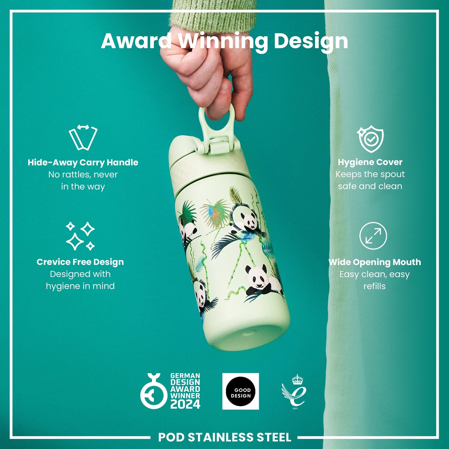 Leak Proof Kids Water Bottle, Stainless Steel, Pandas, 400ml (13oz)