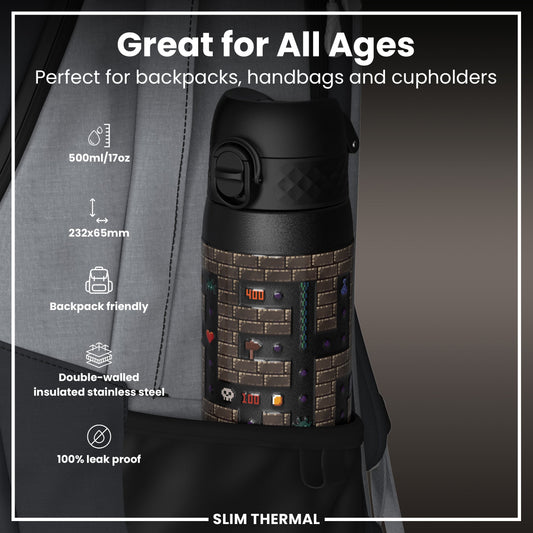 Leak Proof Slim Thermal Water Bottle, Insulated Steel, Gamer, 500ml (17oz)