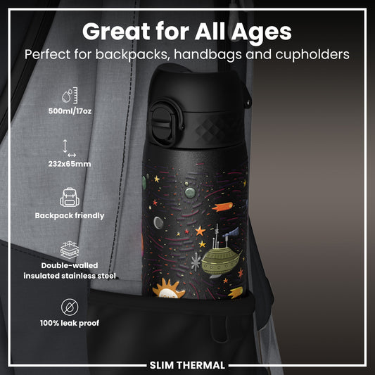 Leak Proof Slim Thermal Water Bottle, Insulated Steel, Spaceships, 500ml (17oz)