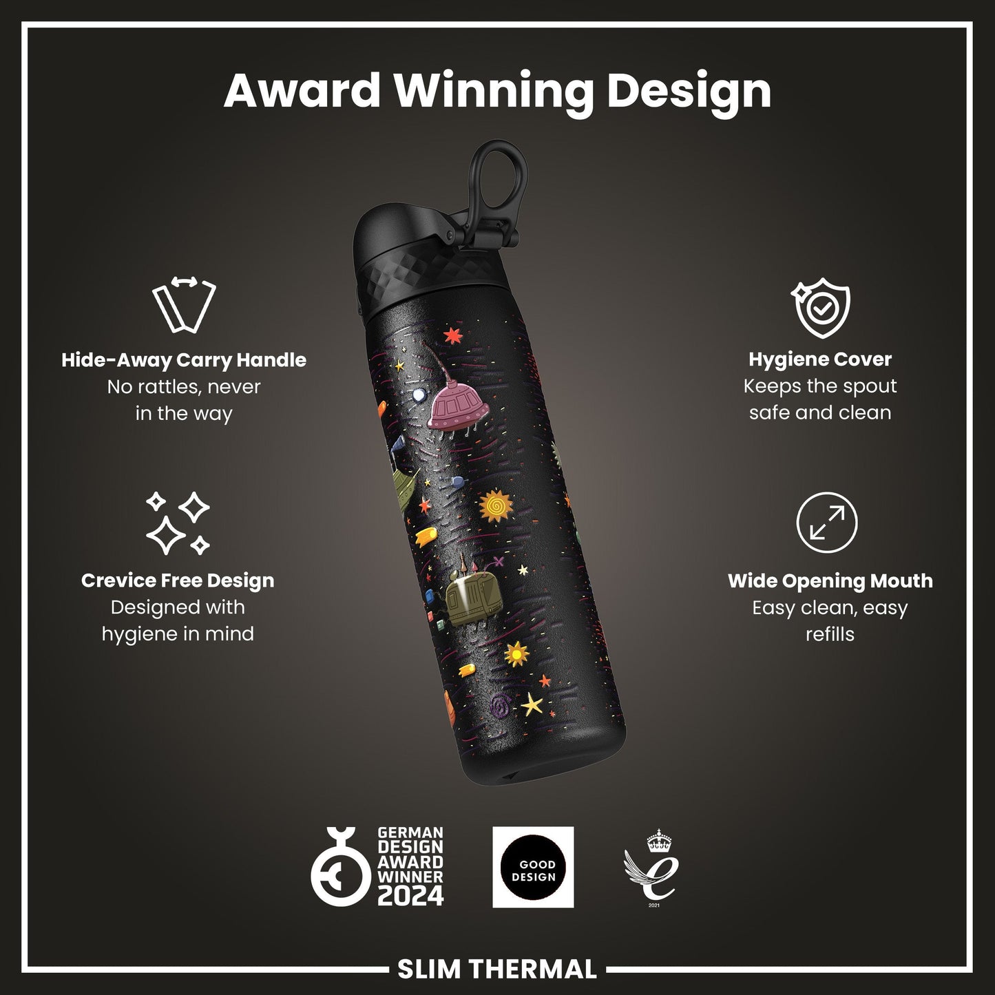 Leak Proof Slim Thermal Water Bottle, Insulated Steel, Spaceships, 500ml (17oz)