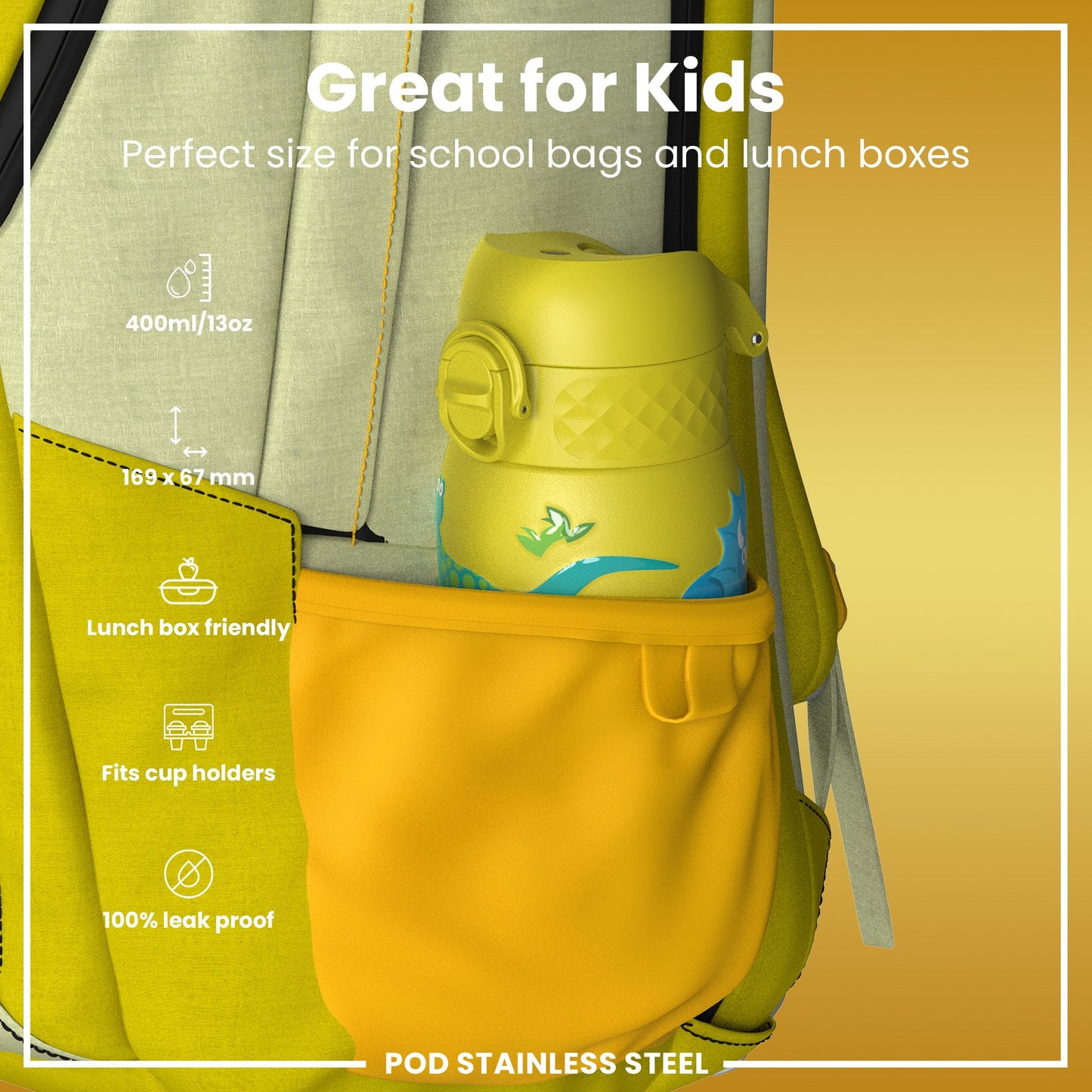 Leak Proof Kids Water Bottle, Stainless Steel, Dinosaurs, 400ml (13oz)