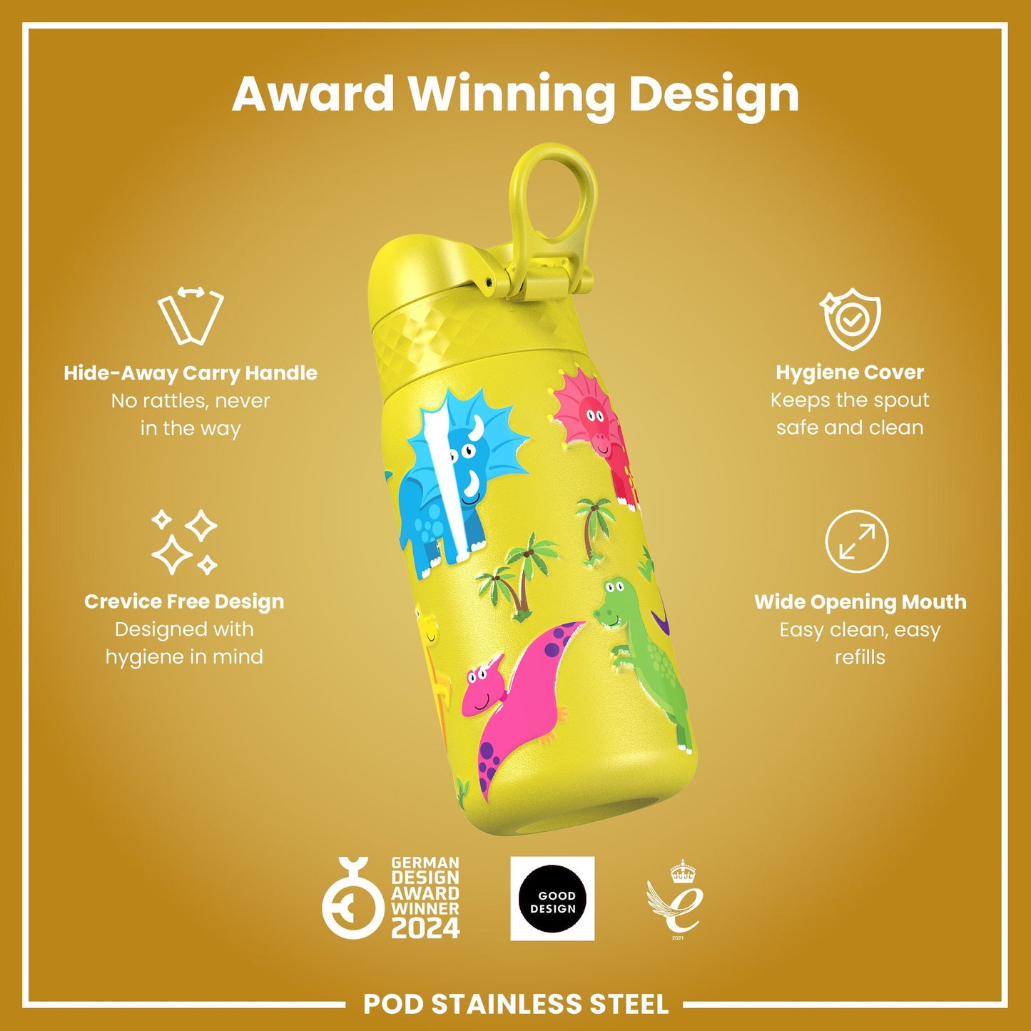 Leak Proof Kids Water Bottle, Stainless Steel, Dinosaurs, 400ml (13oz)