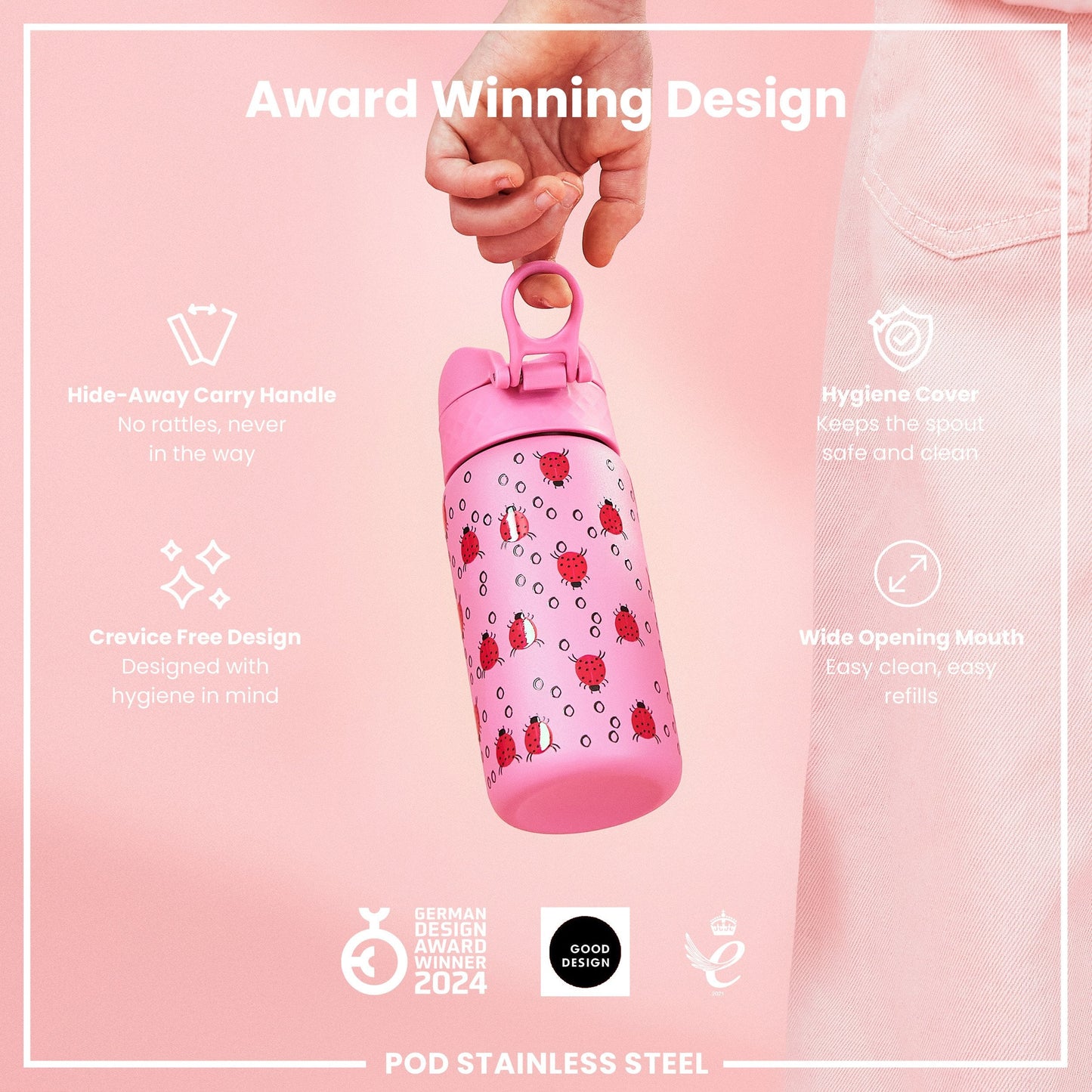 Leak Proof Thermal Steel Water Bottle, Insulated, Ladybugs, 320ml (11oz)