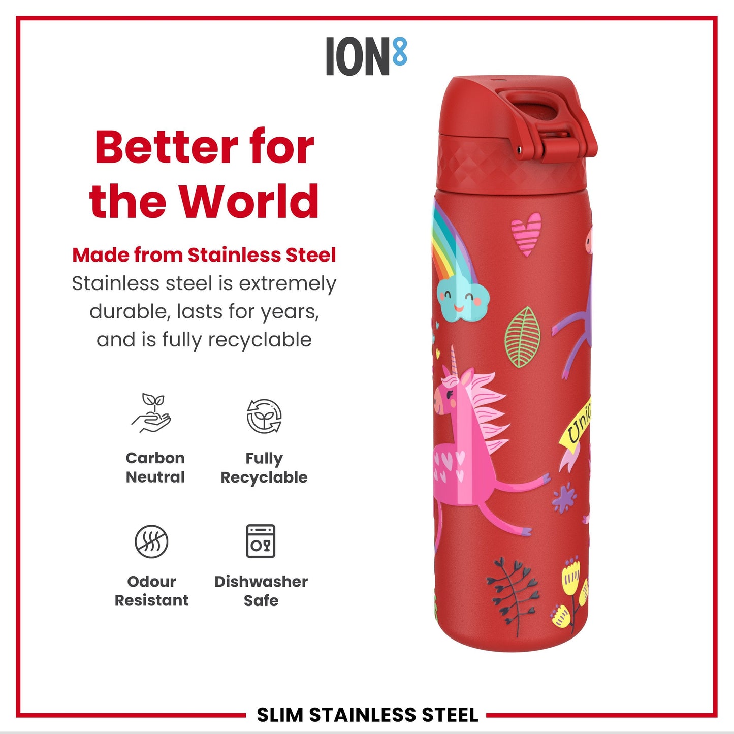 Leak Proof Slim Water Bottle, Stainless Steel, Red Unicorns, 600ml (20oz)