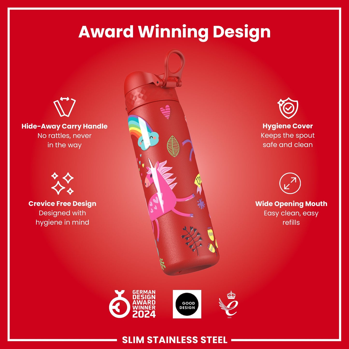Leak Proof Slim Water Bottle, Stainless Steel, Red Unicorns, 600ml (20oz)