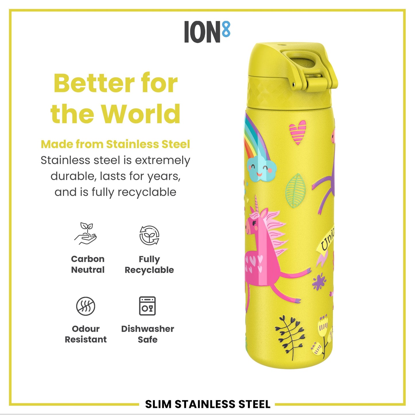 Leak Proof Slim Water Bottle, Stainless Steel, Yellow Unicorns, 600ml (20oz)