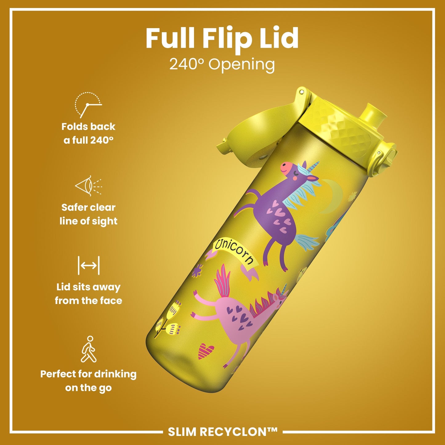 Leak Proof Slim Water Bottle, Recyclon, Yellow Unicorns, 500ml (18oz)