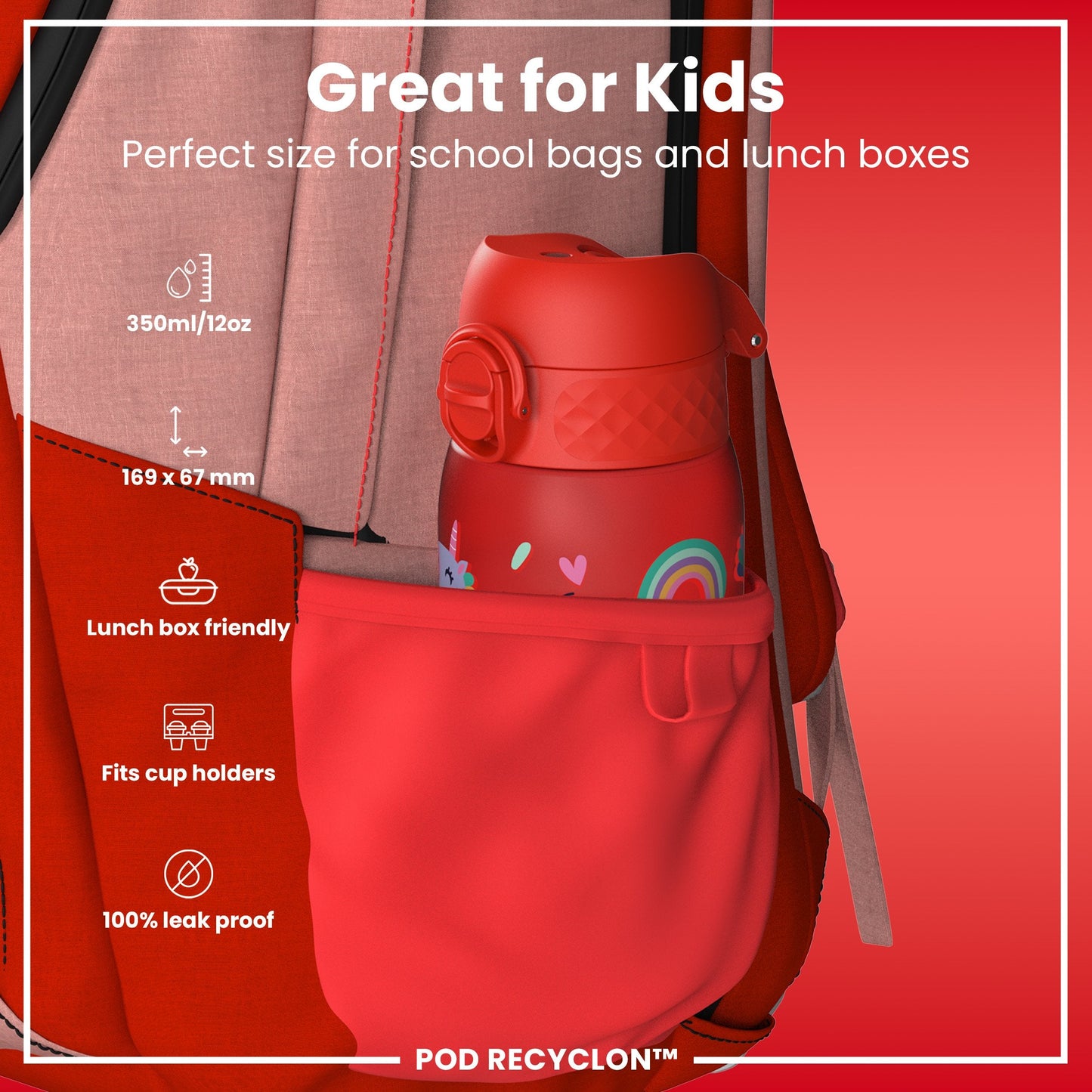 Leak Proof Kids Water Bottle, Recyclon, Red Unicorns, 350ml (12oz)