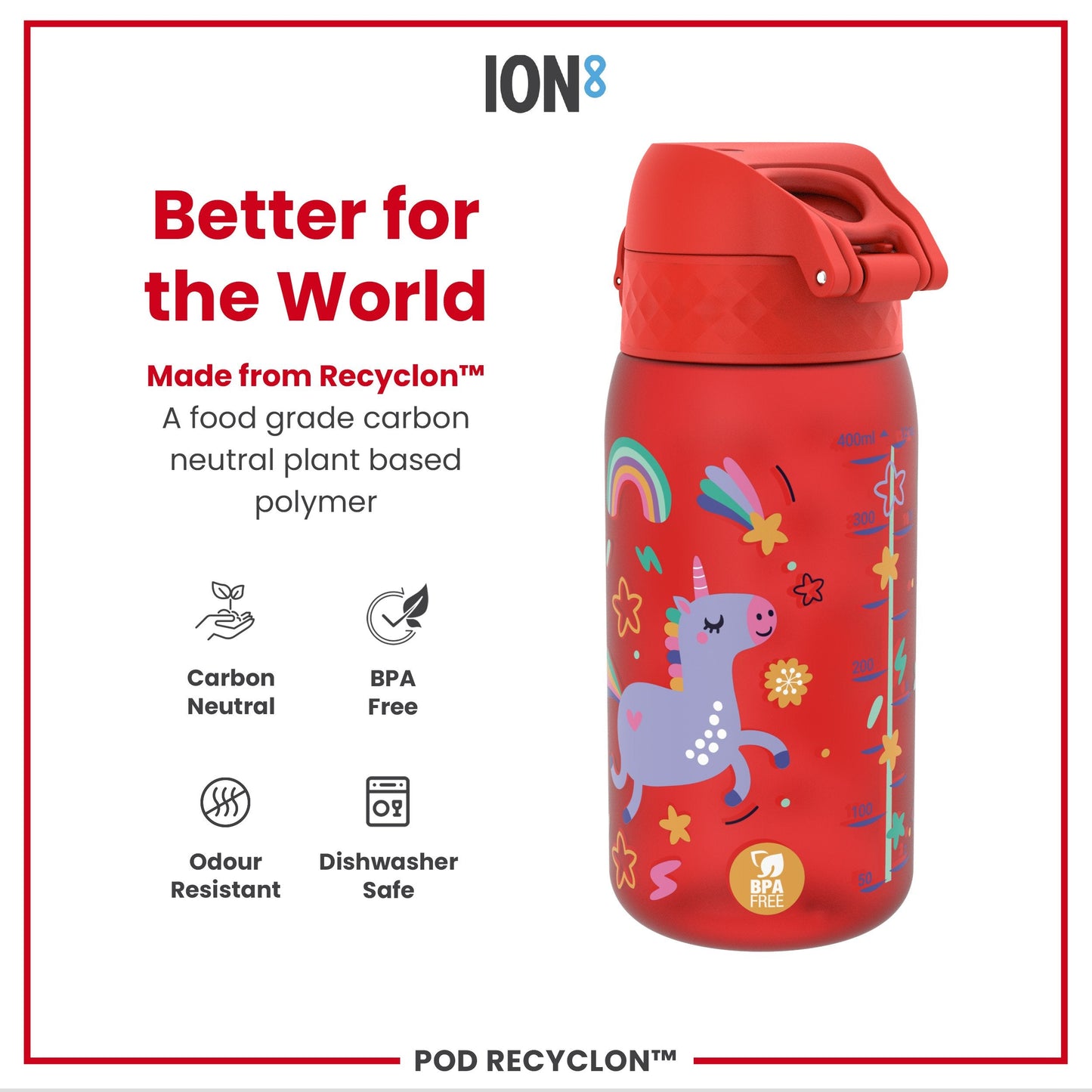 Leak Proof Kids Water Bottle, Recyclon, Red Unicorns, 350ml (12oz)