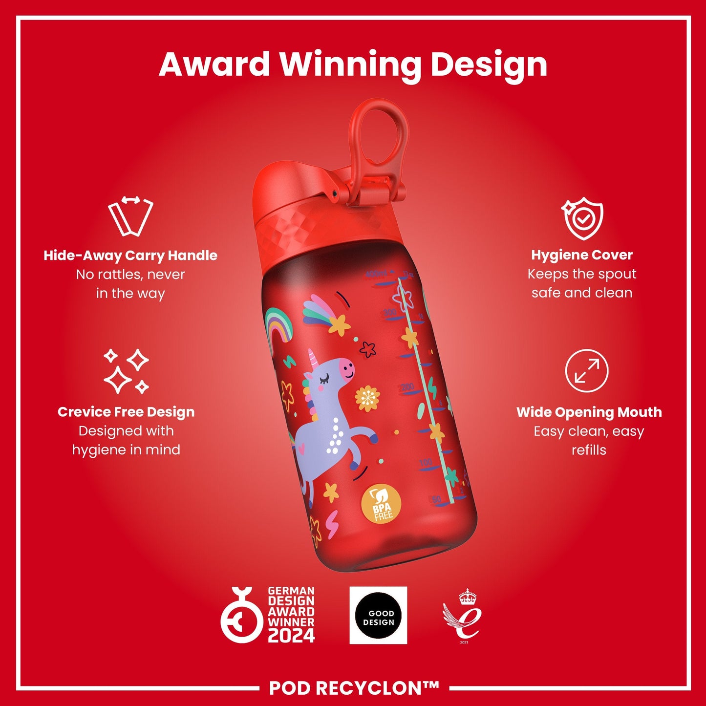 Leak Proof Kids Water Bottle, Recyclon, Red Unicorns, 350ml (12oz)