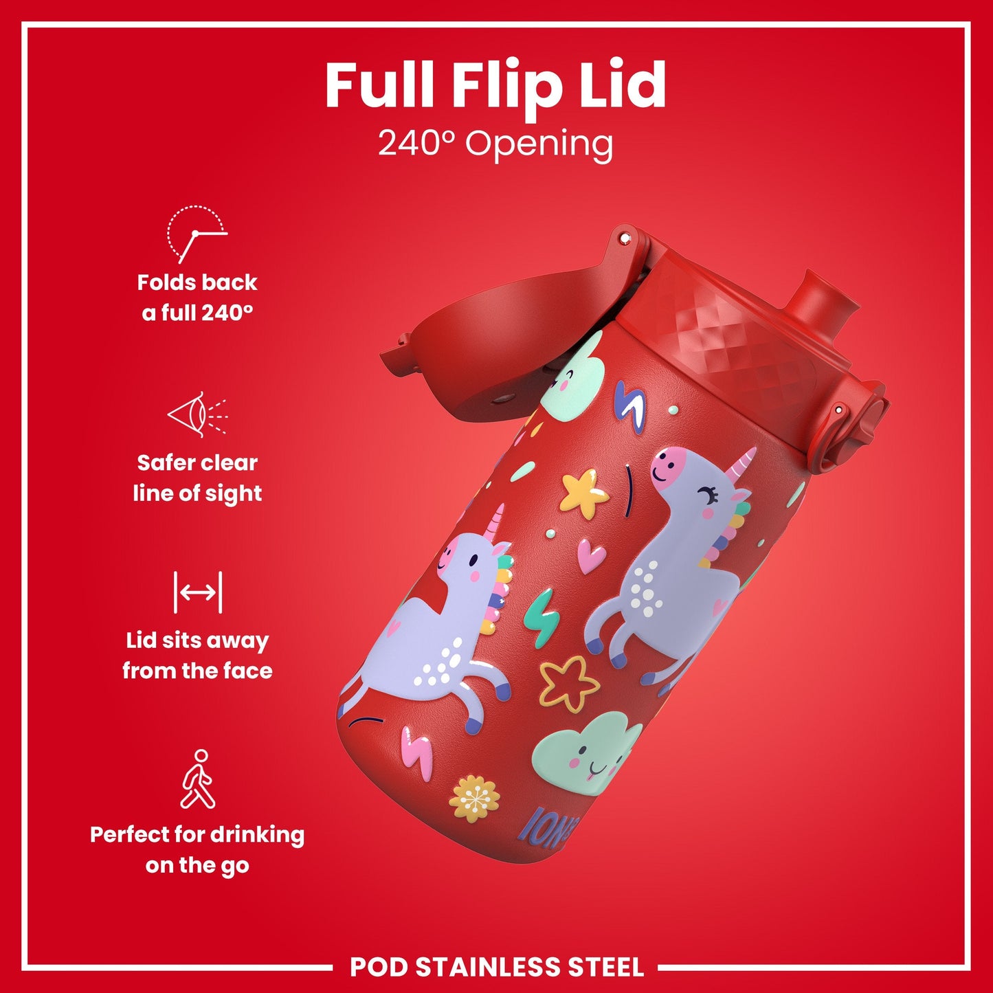 Leak Proof Kids Water Bottle, Stainless Steel, Red Unicorns, 400ml (13oz)