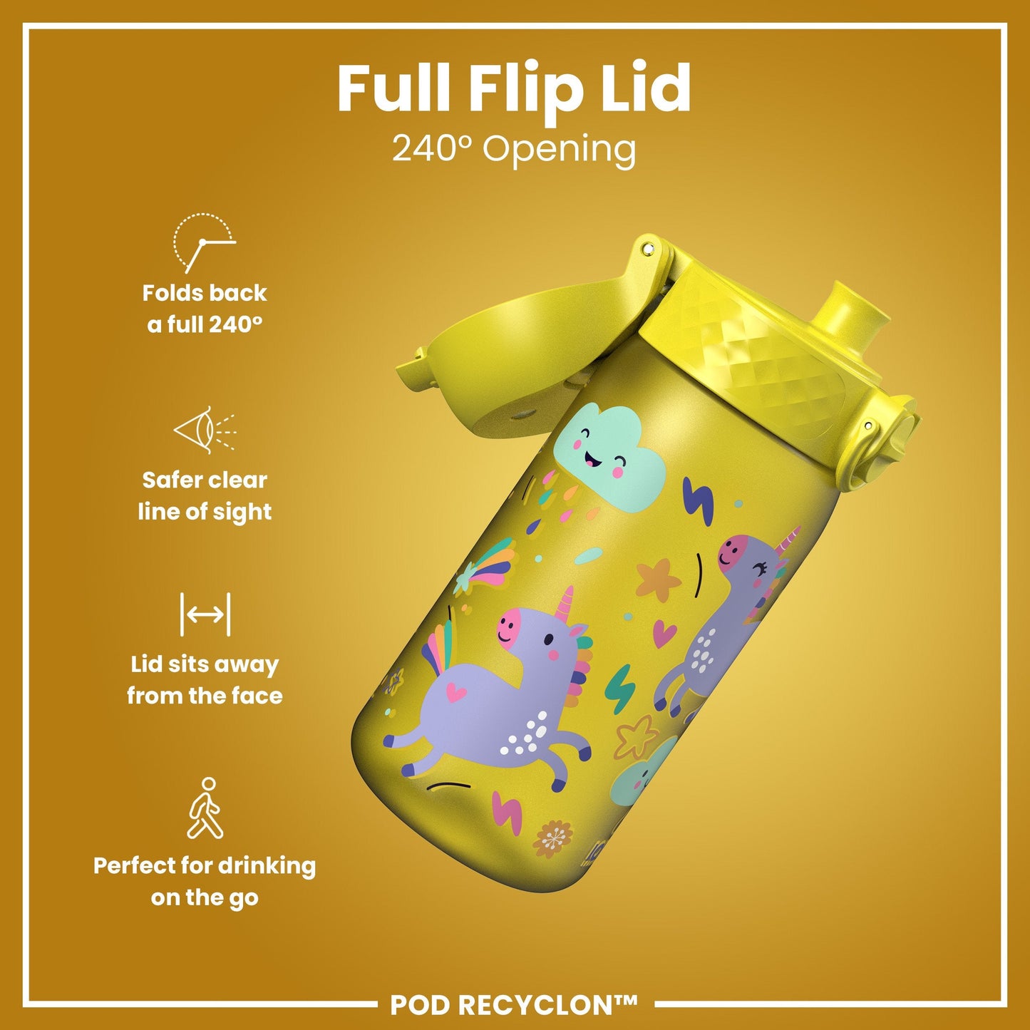 Leak Proof Kids Water Bottle, Recyclon, Yellow Unicorns, 350ml (12oz)