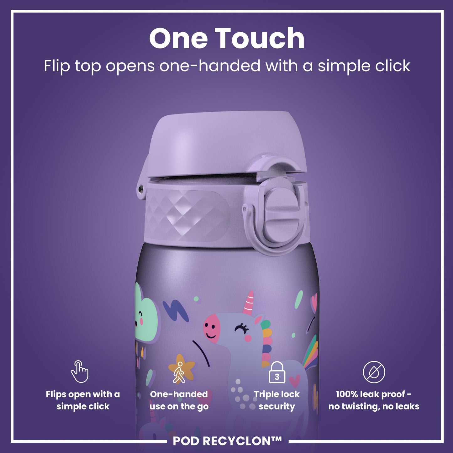 Leak Proof Kids Water Bottle, Recyclon, Purple Unicorns, 350ml (12oz)