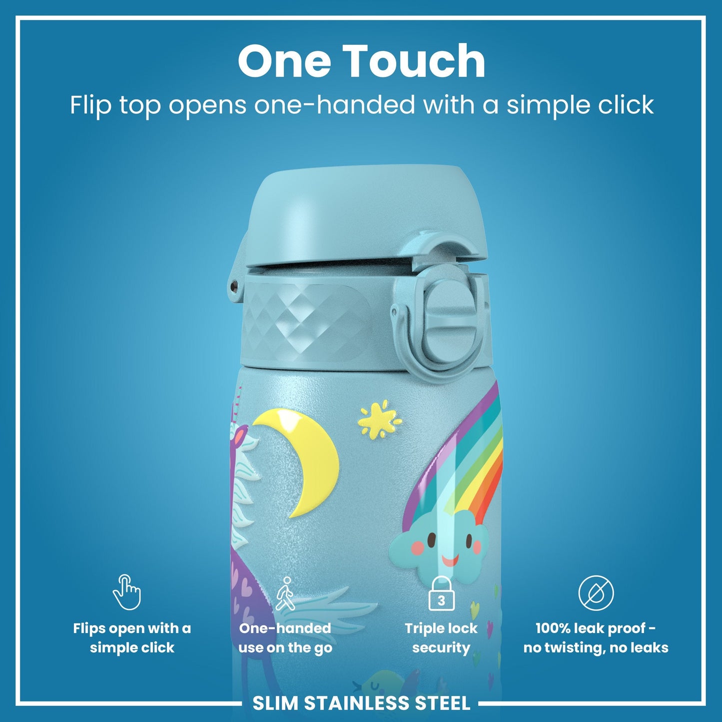 Leak Proof Slim Water Bottle, Stainless Steel, Blue Unicorns, 600ml (20oz)