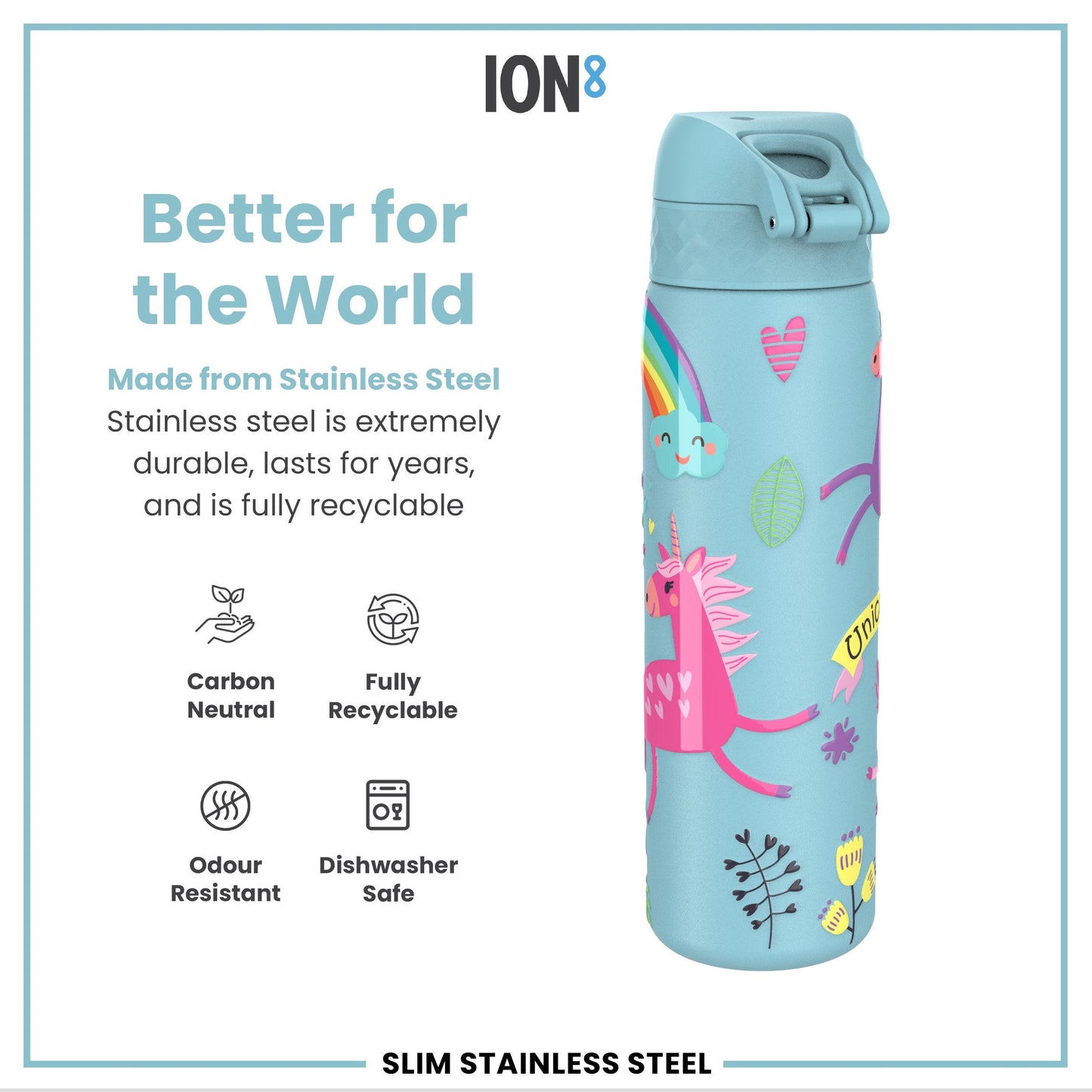 Leak Proof Slim Water Bottle, Stainless Steel, Blue Unicorns, 600ml (20oz)