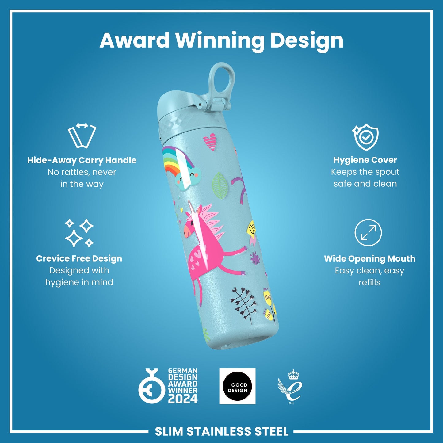Leak Proof Slim Water Bottle, Stainless Steel, Blue Unicorns, 600ml (20oz)