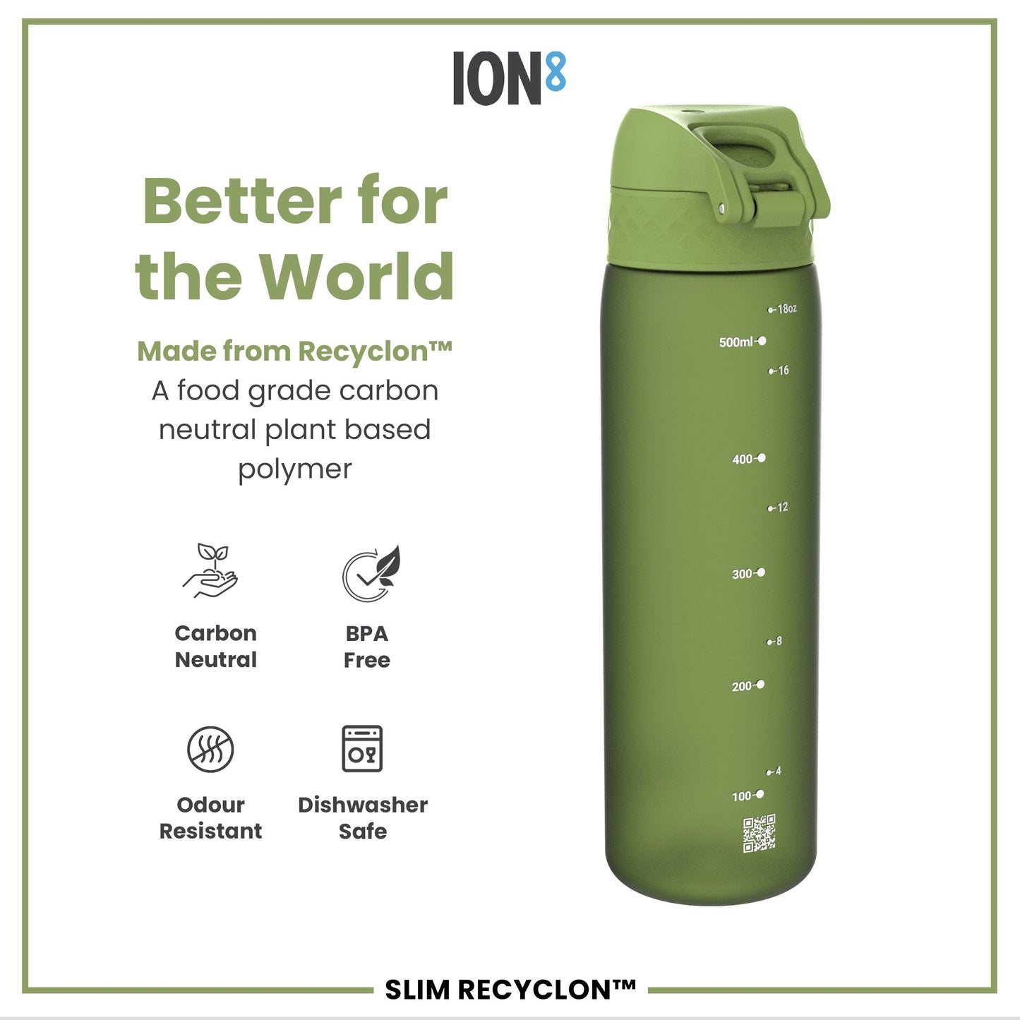 Leak Proof Slim Water Bottle, Recyclon, Khaki Green, 500ml (18oz)
