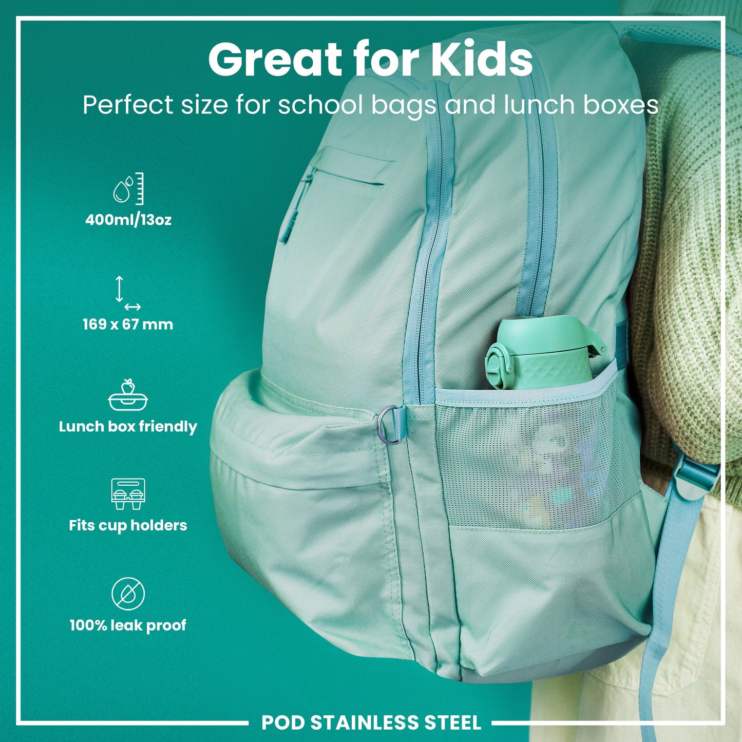 Leak Proof Kids Water Bottle, Stainless Steel, Farming Animals, 400ml (13oz)