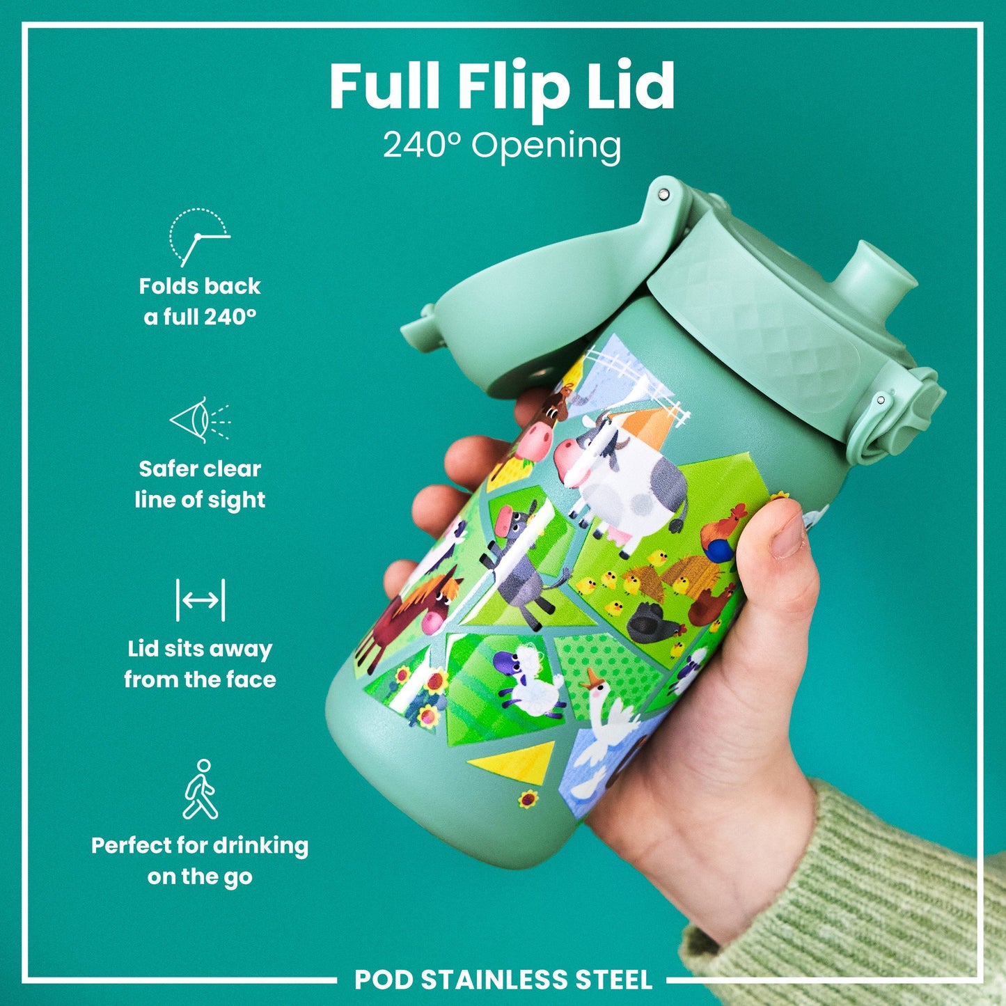 Leak Proof Kids Water Bottle, Stainless Steel, Farming Animals, 400ml (13oz)