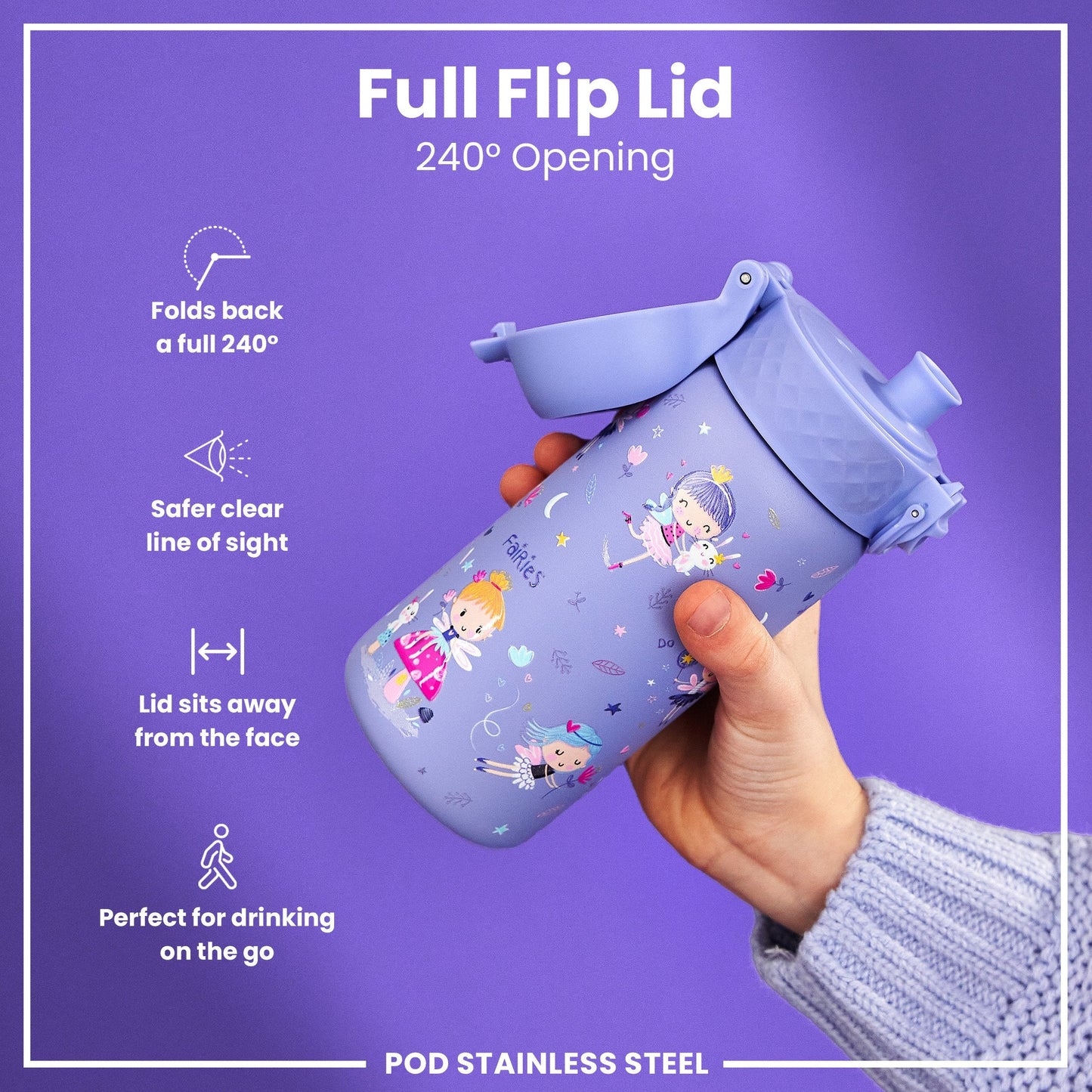 Leak Proof Kids Water Bottle, Stainless Steel, Fairies, 400ml (13oz)