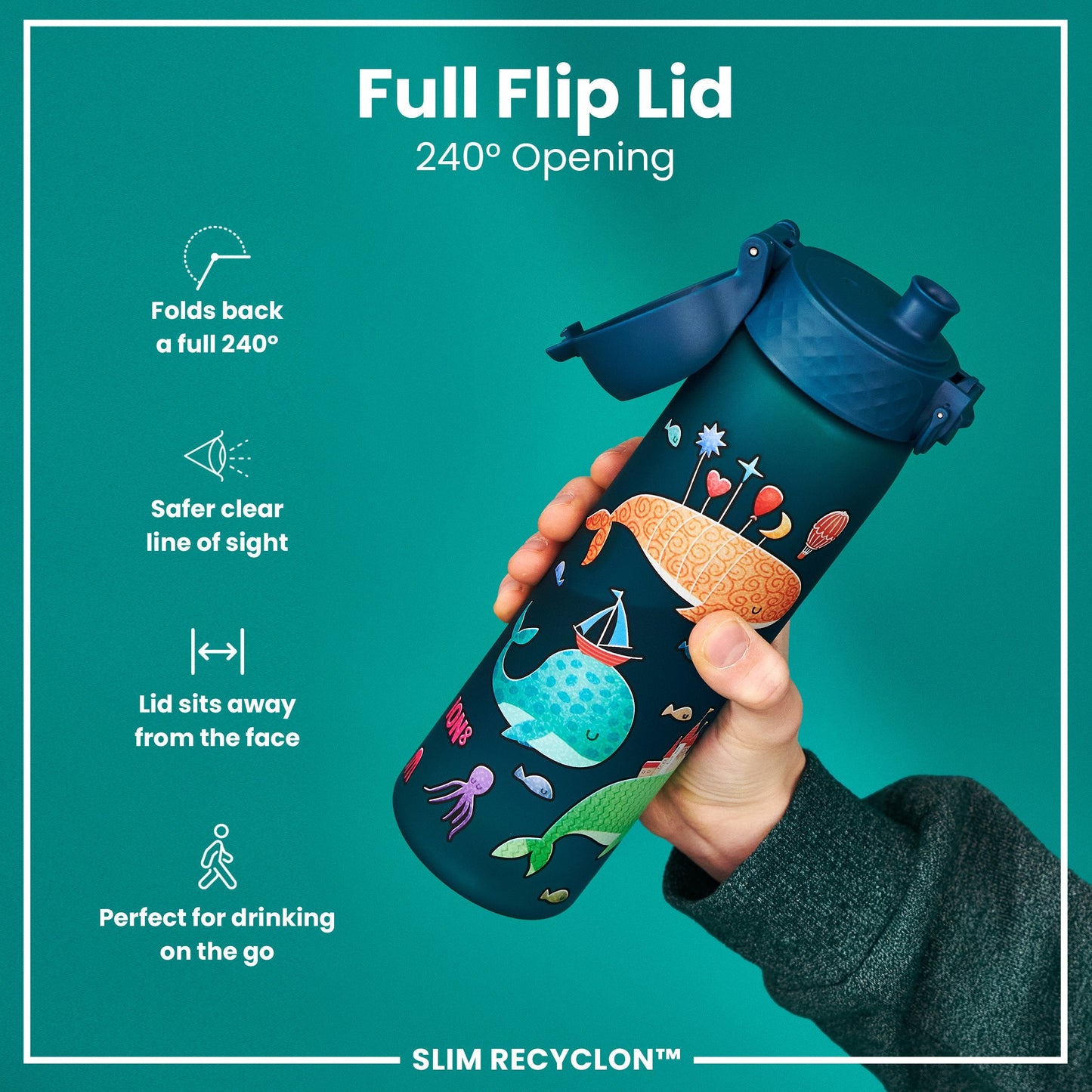 Leak Proof Slim Water Bottle, Recyclon, Whales, 500ml (18oz)