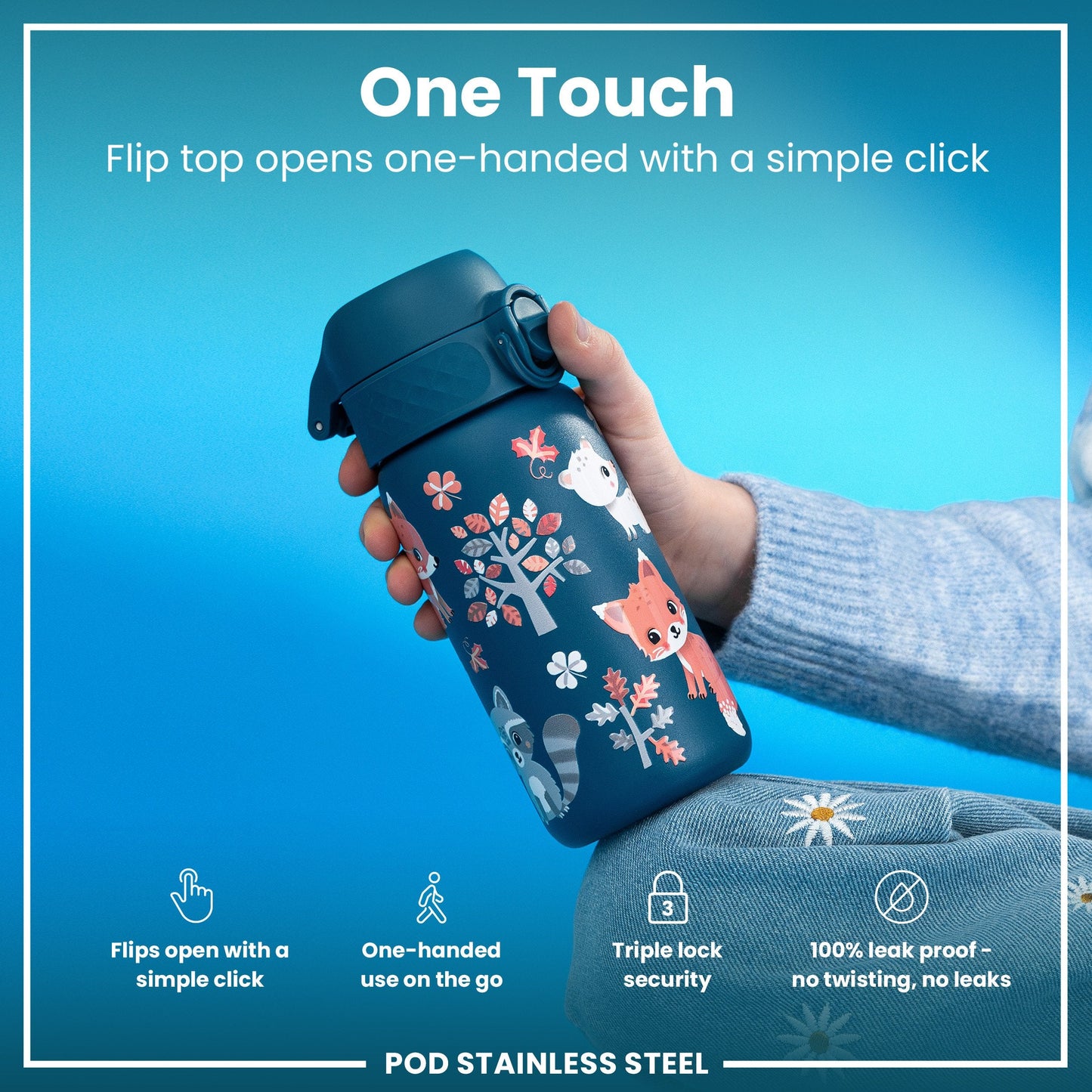 Leak Proof Kids Water Bottle, Stainless Steel, Forest Animals, 400ml (13oz)