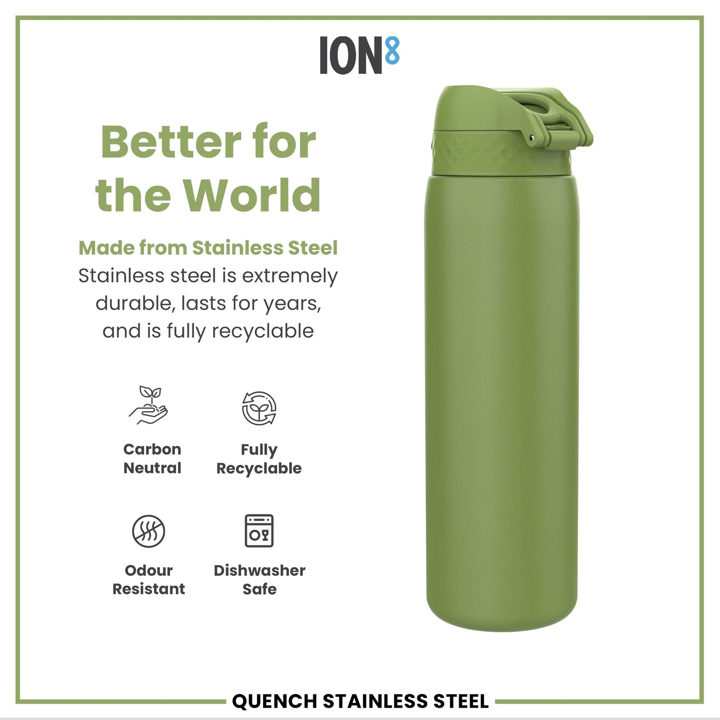 Leak Proof 1 Litre Water Bottle, Stainless Steel, Khaki Green, 1L