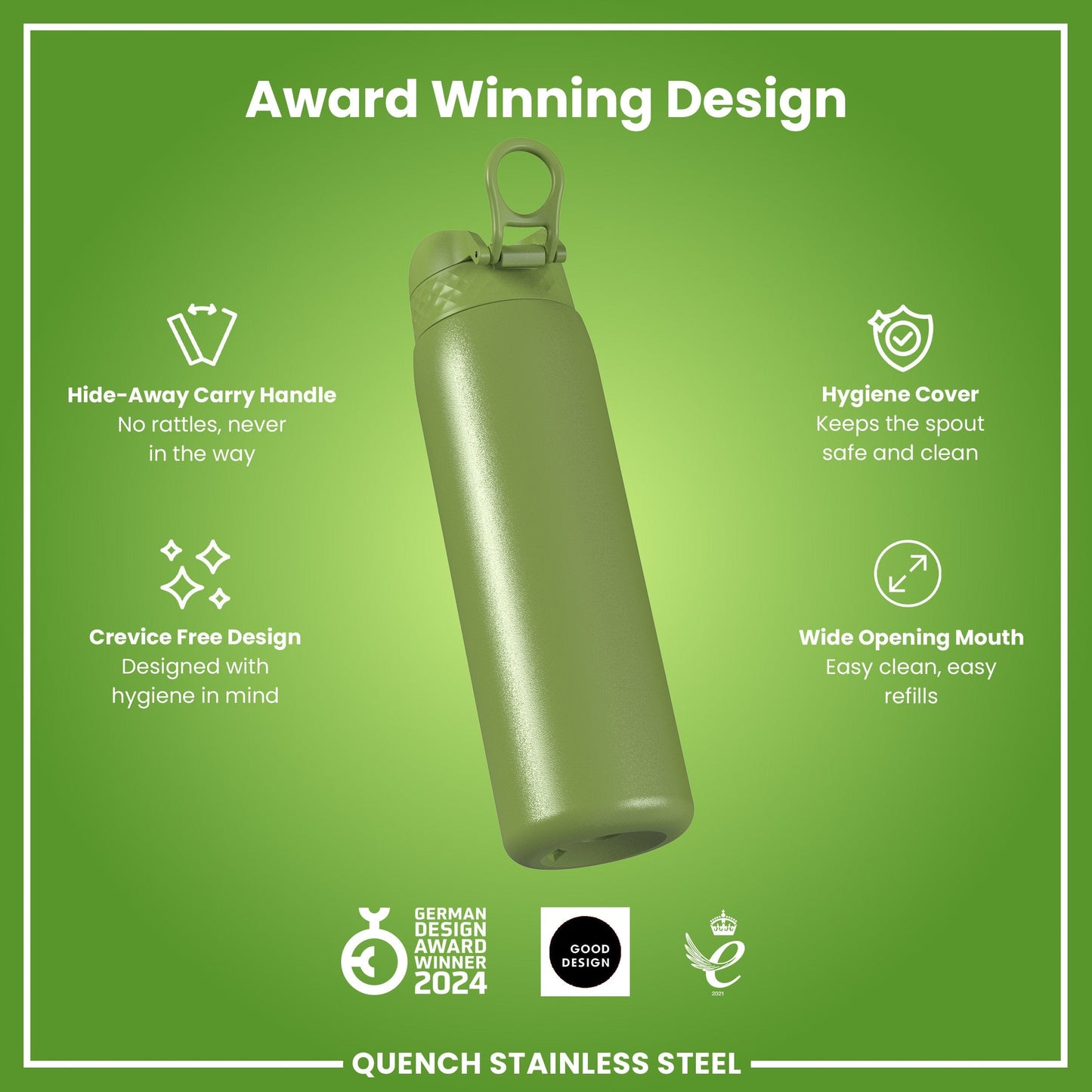 Leak Proof 1 Litre Water Bottle, Stainless Steel, Khaki Green, 1L
