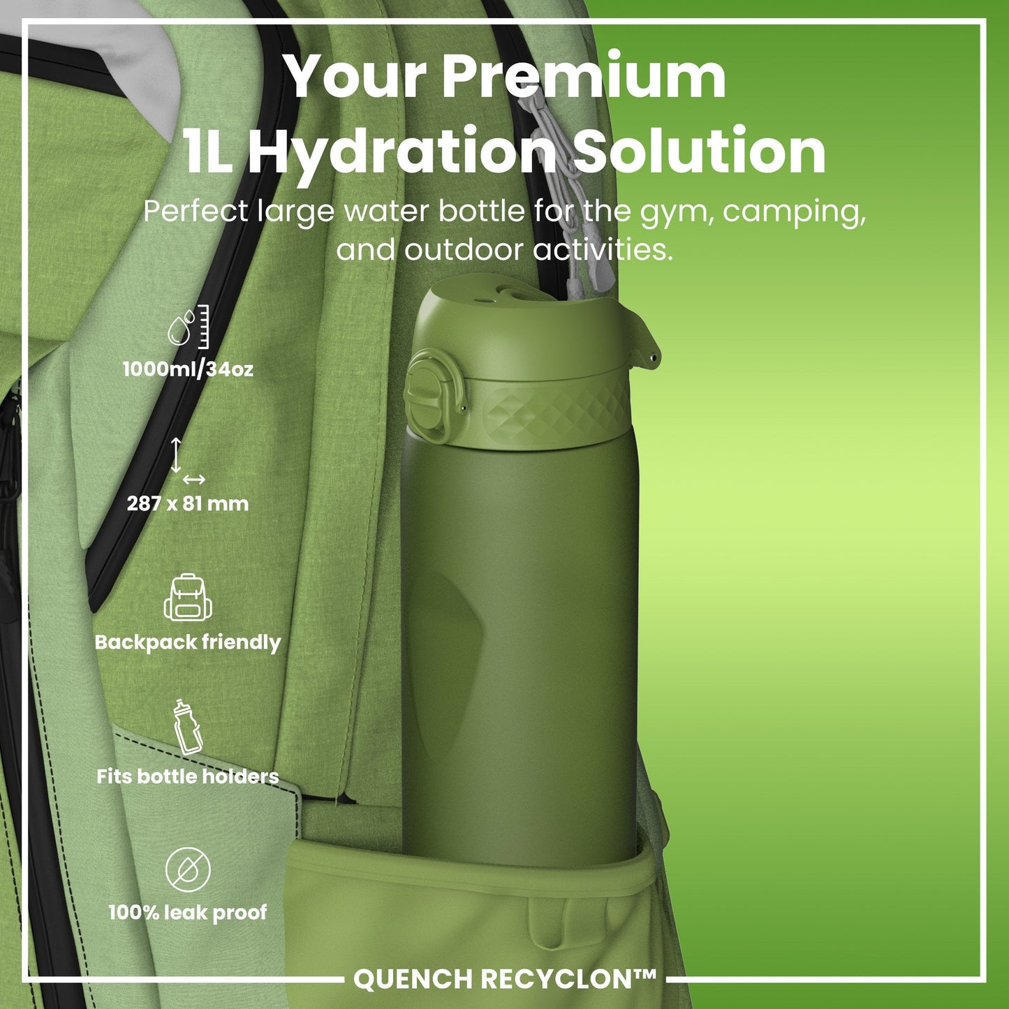 Leak Proof 1 litre Water Bottle, Recyclon, Khaki Green, 1L