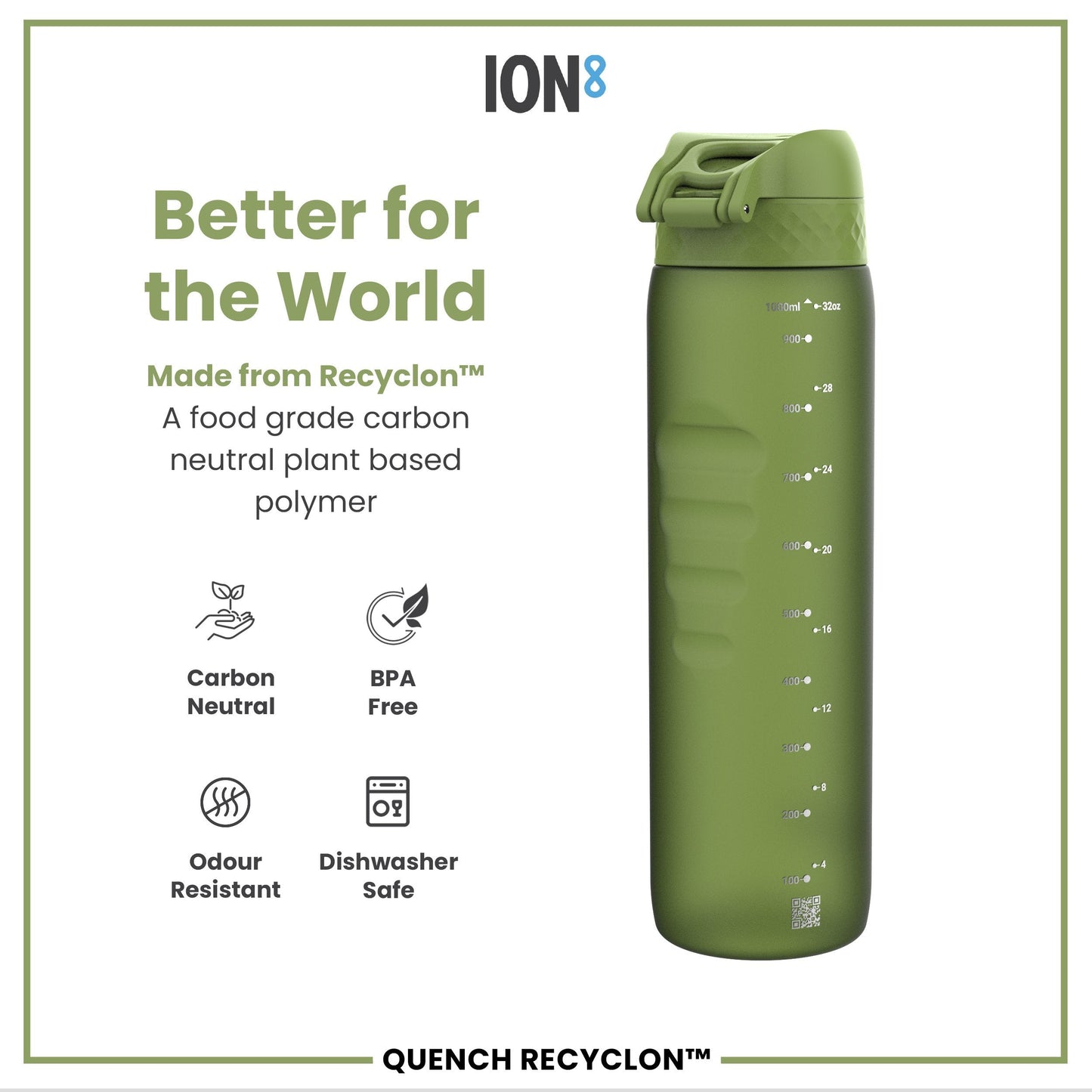 Leak Proof 1 litre Water Bottle, Recyclon, Khaki Green, 1L