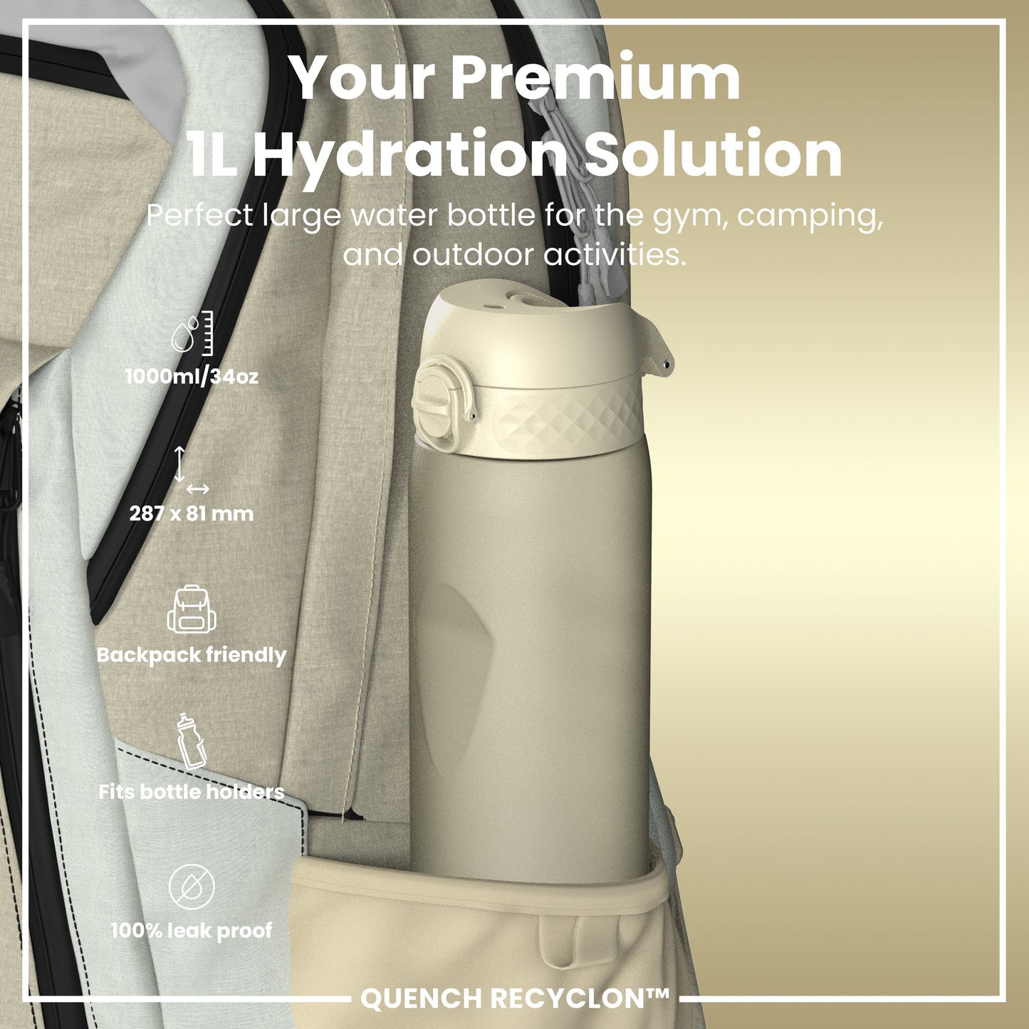 Leak Proof 1 litre Water Bottle, Recyclon, Creamy White, 1L