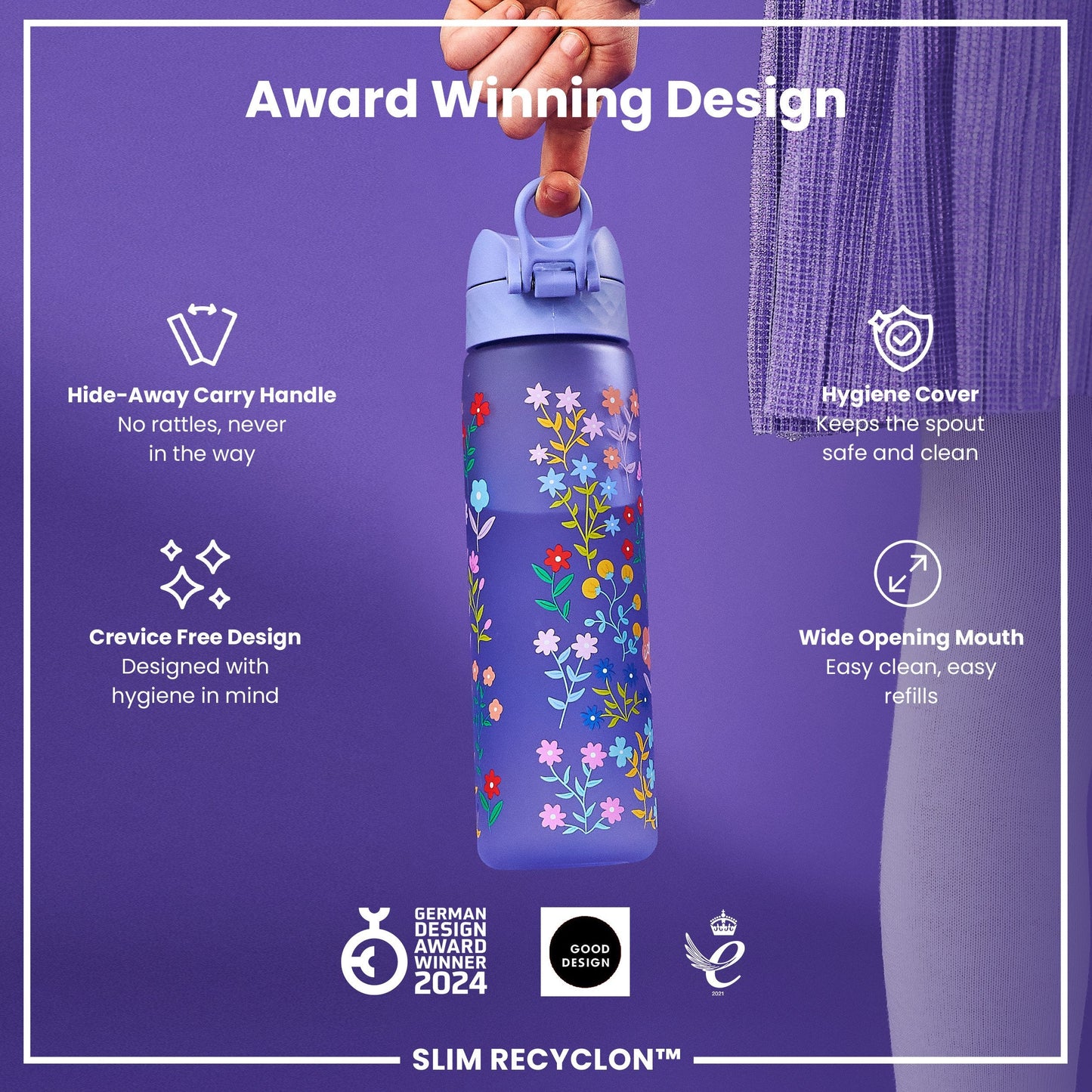 Leak Proof Slim Water Bottle, Recyclon, Ditsy Floral, 500ml (18oz)