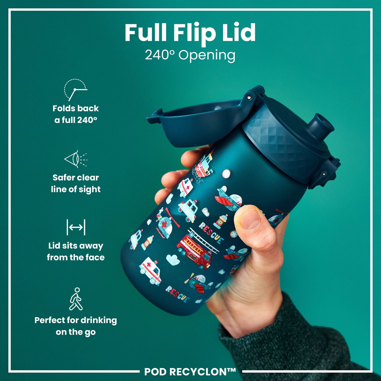 Leak Proof Kids Water Bottle, Recyclon, Rescue Vehicles, 350ml (12oz)