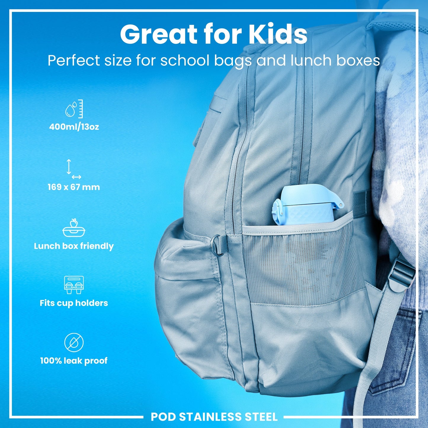 Leak Proof Kids Water Bottle, Stainless Steel, Mermaids, 400ml (13oz)