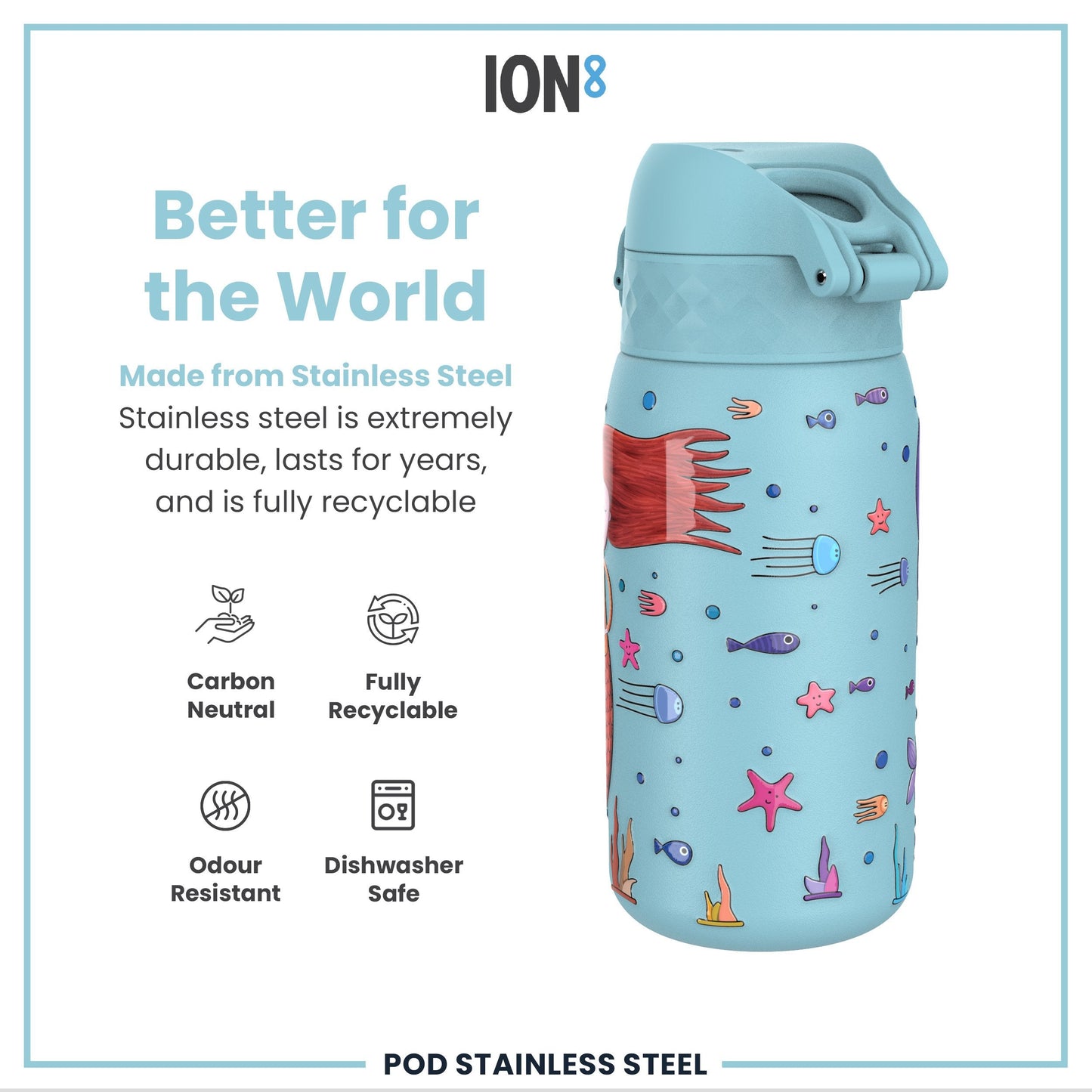 Leak Proof Kids Water Bottle, Stainless Steel, Mermaids, 400ml (13oz)