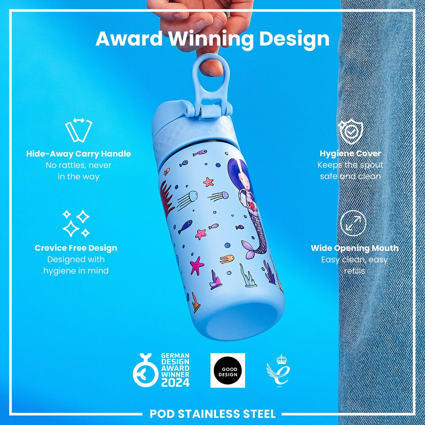 Leak Proof Kids Water Bottle, Stainless Steel, Mermaids, 400ml (13oz)