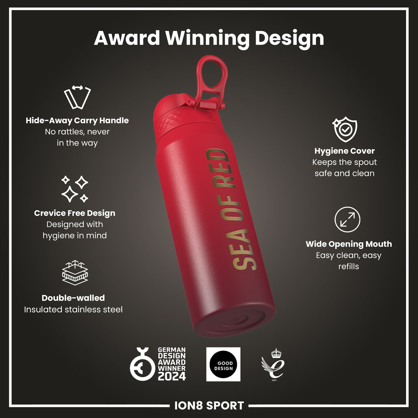 Lions X ION8 Insulated Steel Water Bottle, British & Irish Lions, Sea of Red, 750ml (24oz)