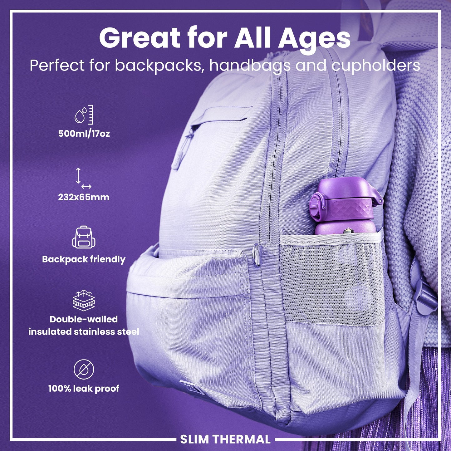 Leak Proof Slim Thermal Water Bottle, Insulated Steel, Princess, 500ml (17oz)