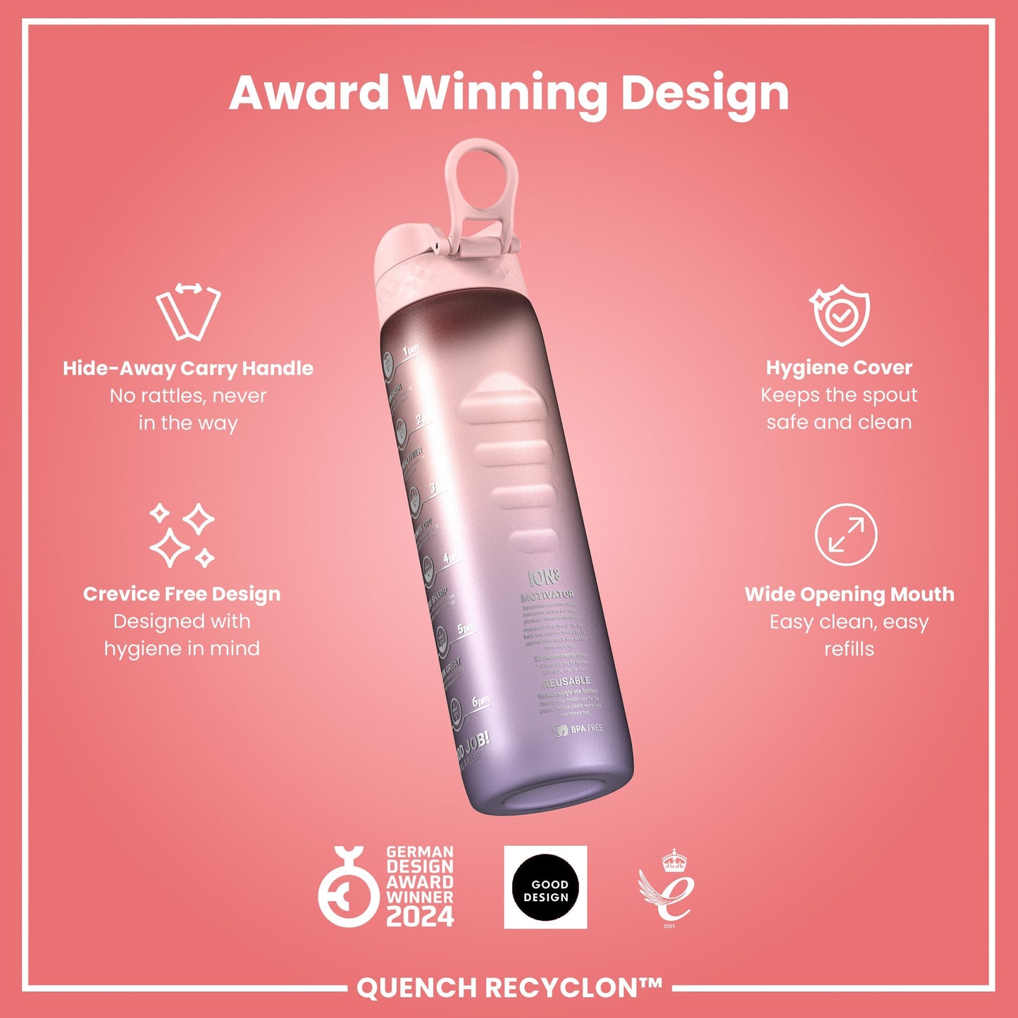 Leak Proof 1 Litre Water Bottle with Times to Drink, Recyclon, Purple & Rose, 1L