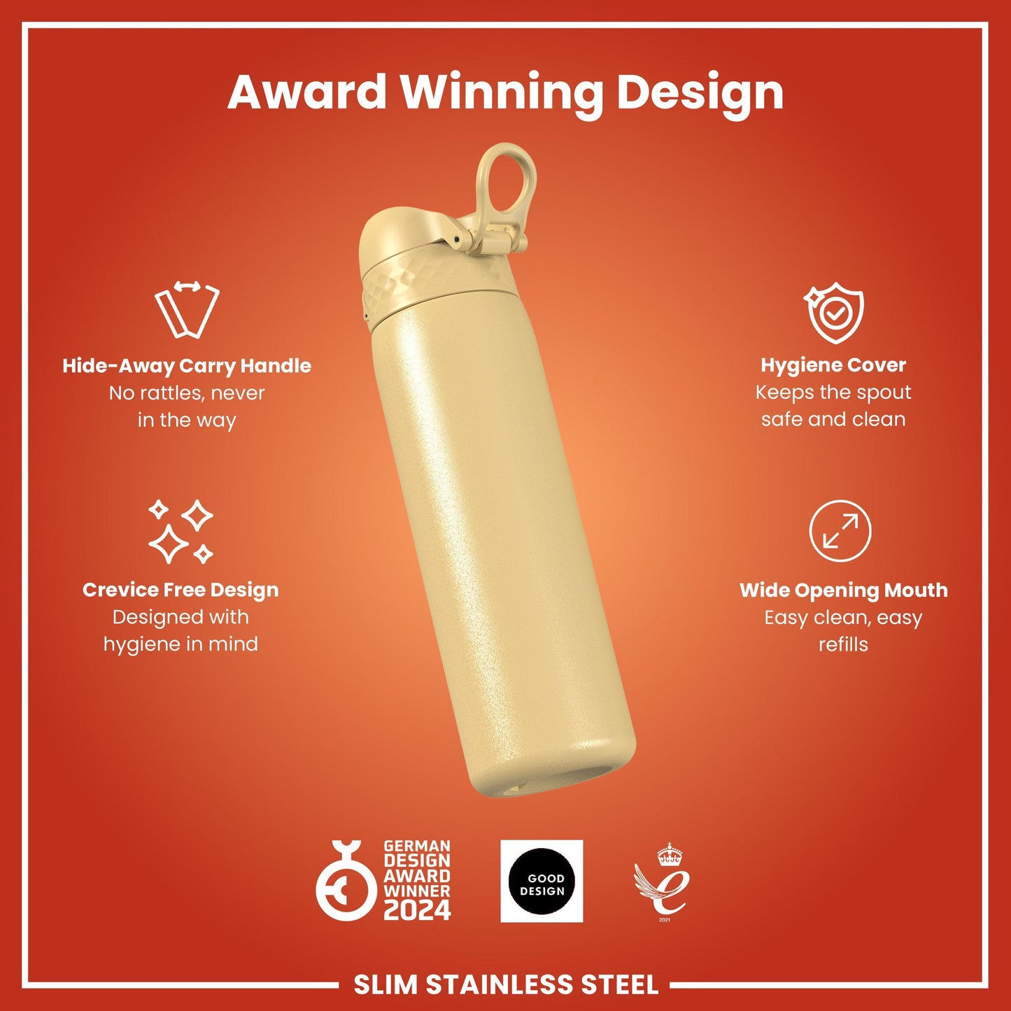 Leak Proof Slim Water Bottle, Stainless Steel, Desert, 600ml (20oz)