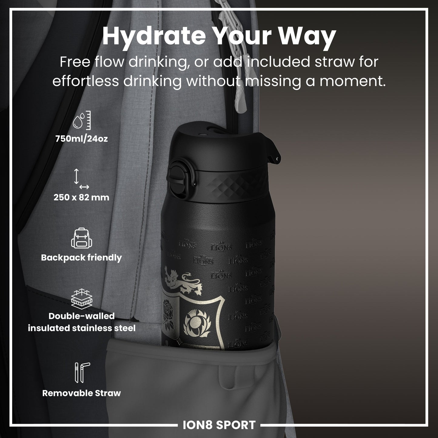 Lions X ION8 Insulated Steel Water Bottle, British & Irish Lions, Nothing Like The Lions, 750ml (24oz)