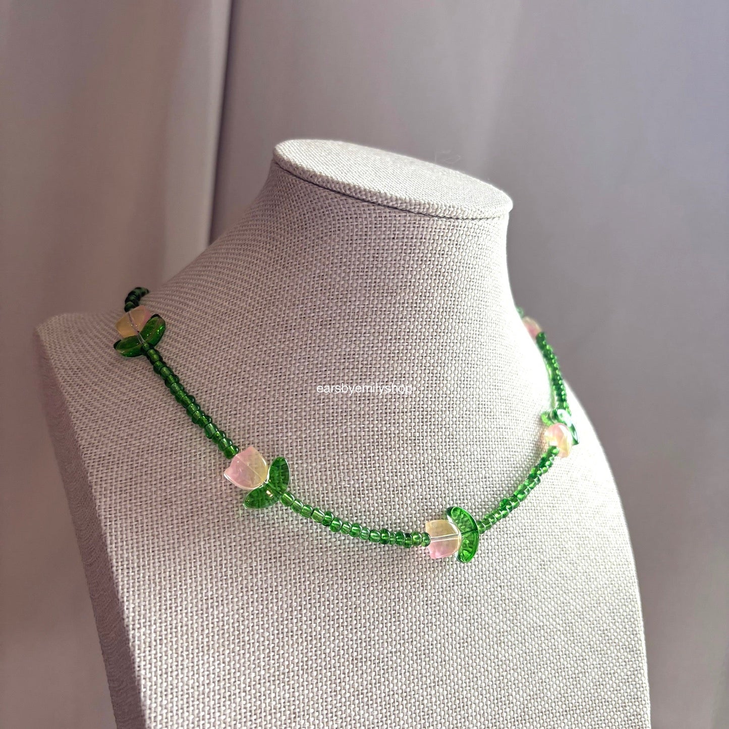 Cool green with yellow pink tulip flower Handmade beaded necklace