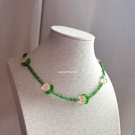 Cool green with yellow pink tulip flower Handmade beaded necklace
